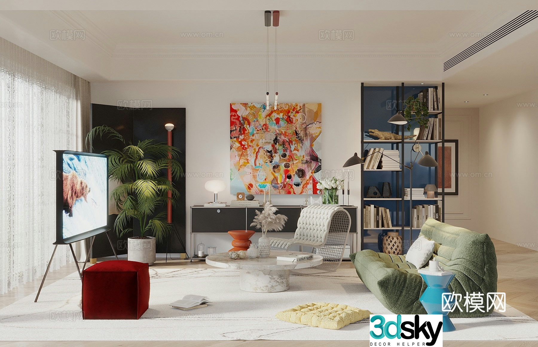 Bauhaus living room modern living room shelf screen green plants lazy sofa mobile TV 3d model