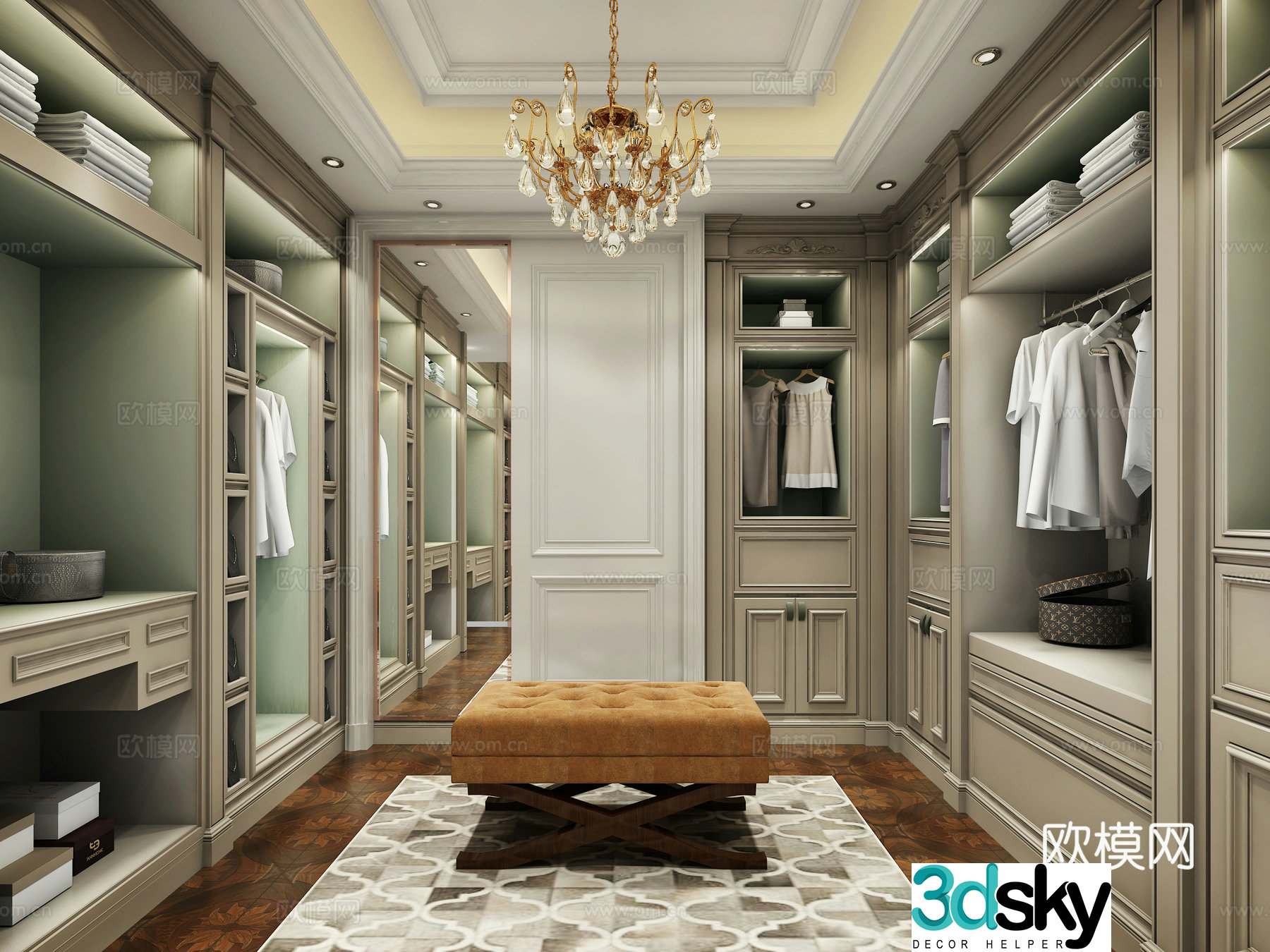 European style simple cloakroom wardrobe chandelier stool 3D model