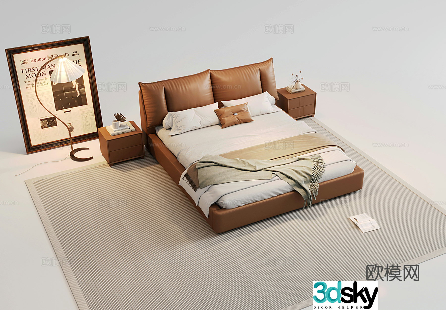 Modern double bed leather bed master bedroom bed nightstand floor lamp decorative painting 3d model