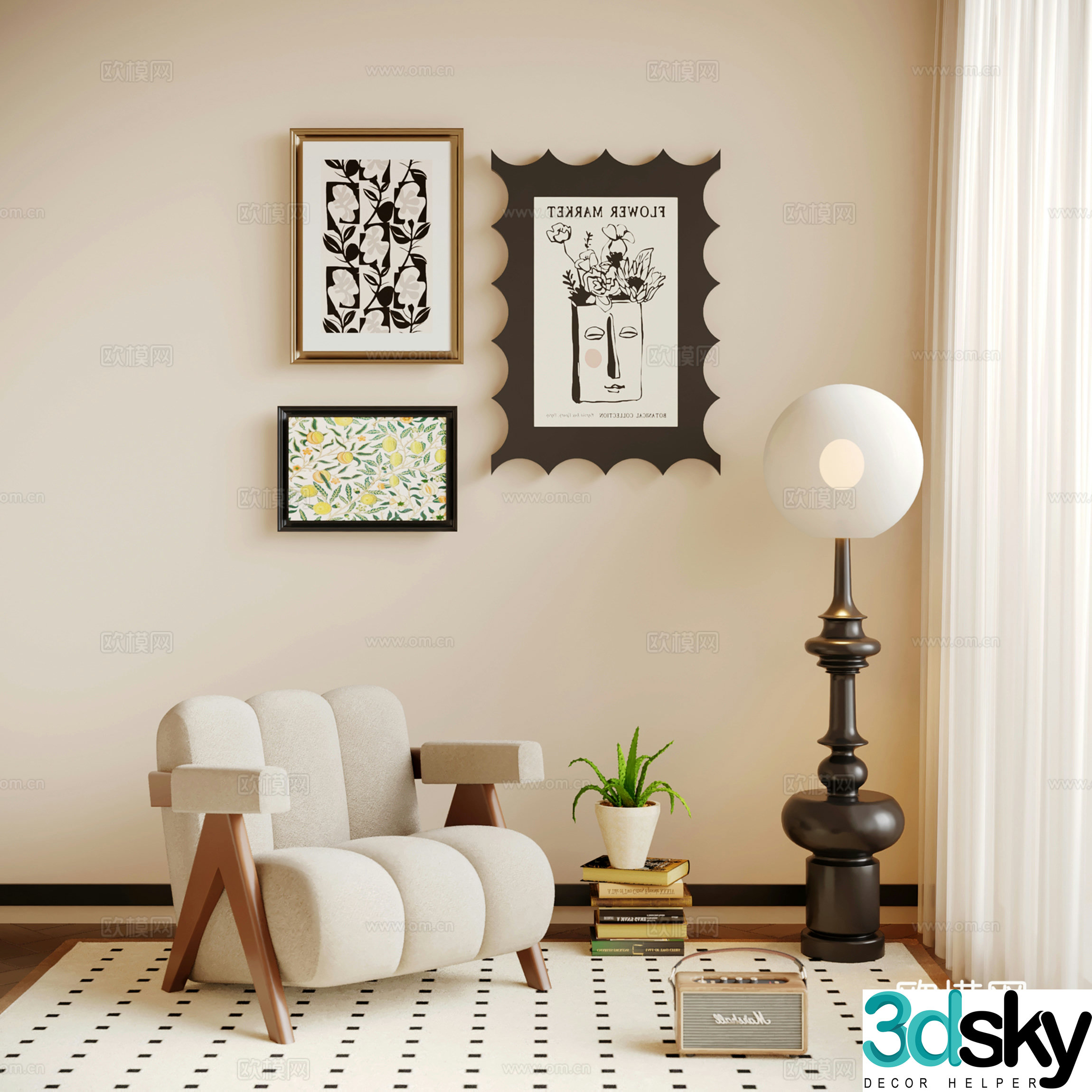 Jijifeng Middle-aged leisure chair Fabric leisure chair Single sofa Wooden sofa Floor lamp 3D model