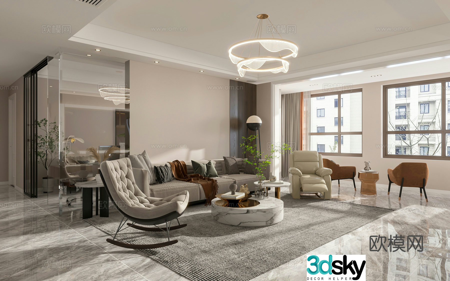 Modern living and dining room open kitchen study TV wall dry area 3d model