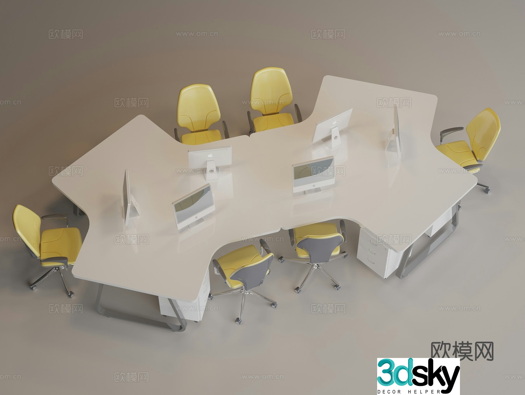 Simple office desk multi-person desk rotating office chair desktop computer keyboard mouse flower 3d model