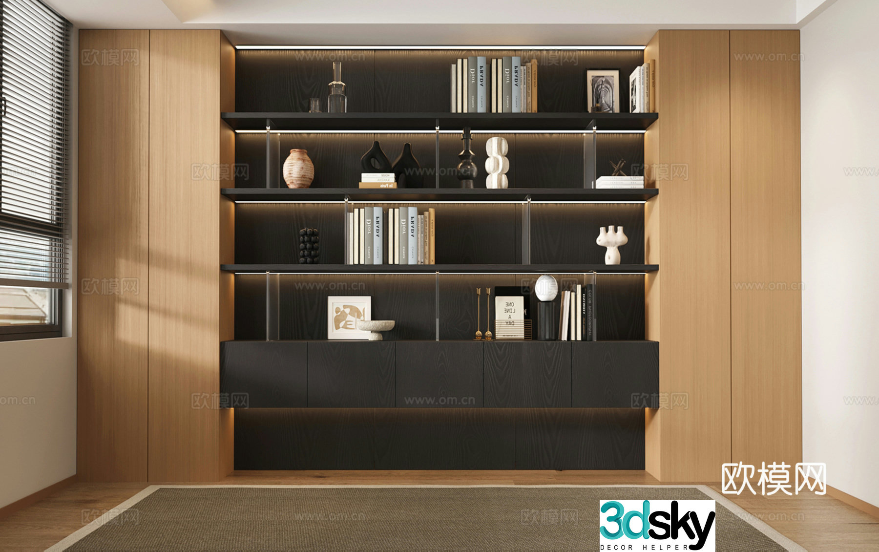 Modern bookcase wall-full bookcase multi-function bookcase solid wood decorative cabinet display cabinet 3D model