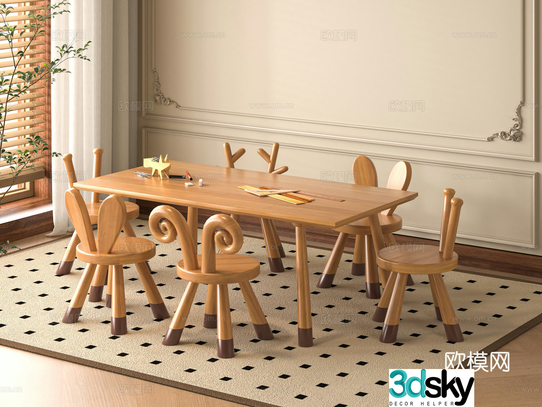 Modern solid wood children’s table and chair 3d model