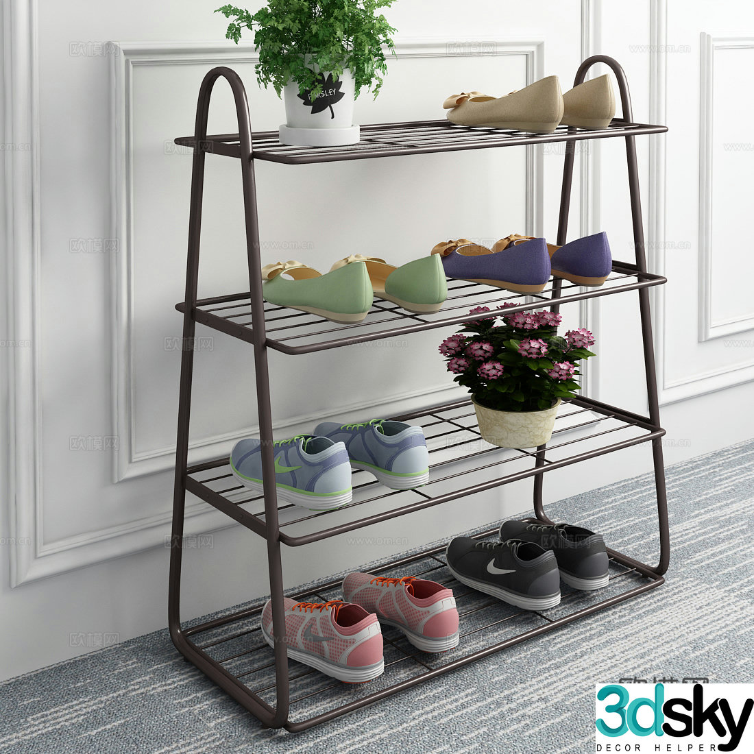 Modern steel shoe rack shoes green plant jewelry model 3d model