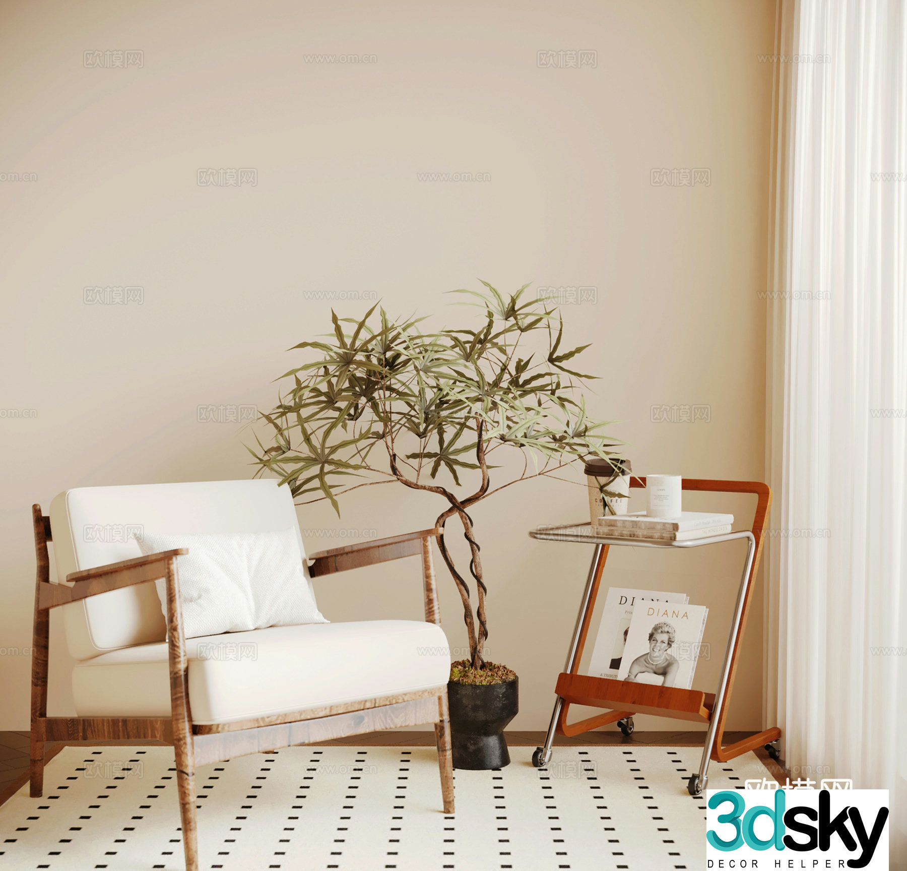 Jijifeng Middle-aged leisure chair Fabric leisure chair Single sofa Wooden sofa Side table 3D model