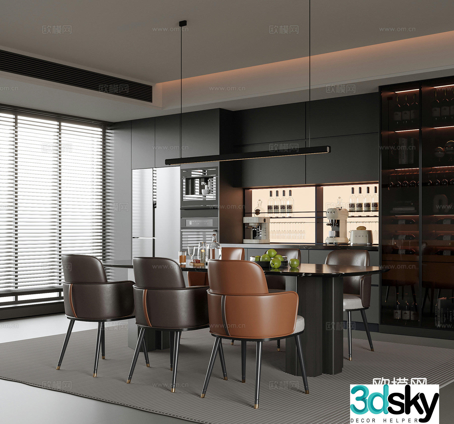 Modern restaurant sideboard wine cabinet dining table and chair 3d model