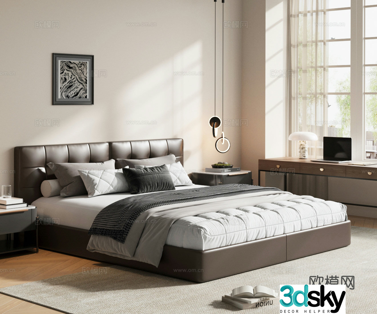 Middle-aged double bed Brown leather bed Leather bed Black bed Middle-aged master bedroom Bedroom bed 3D model