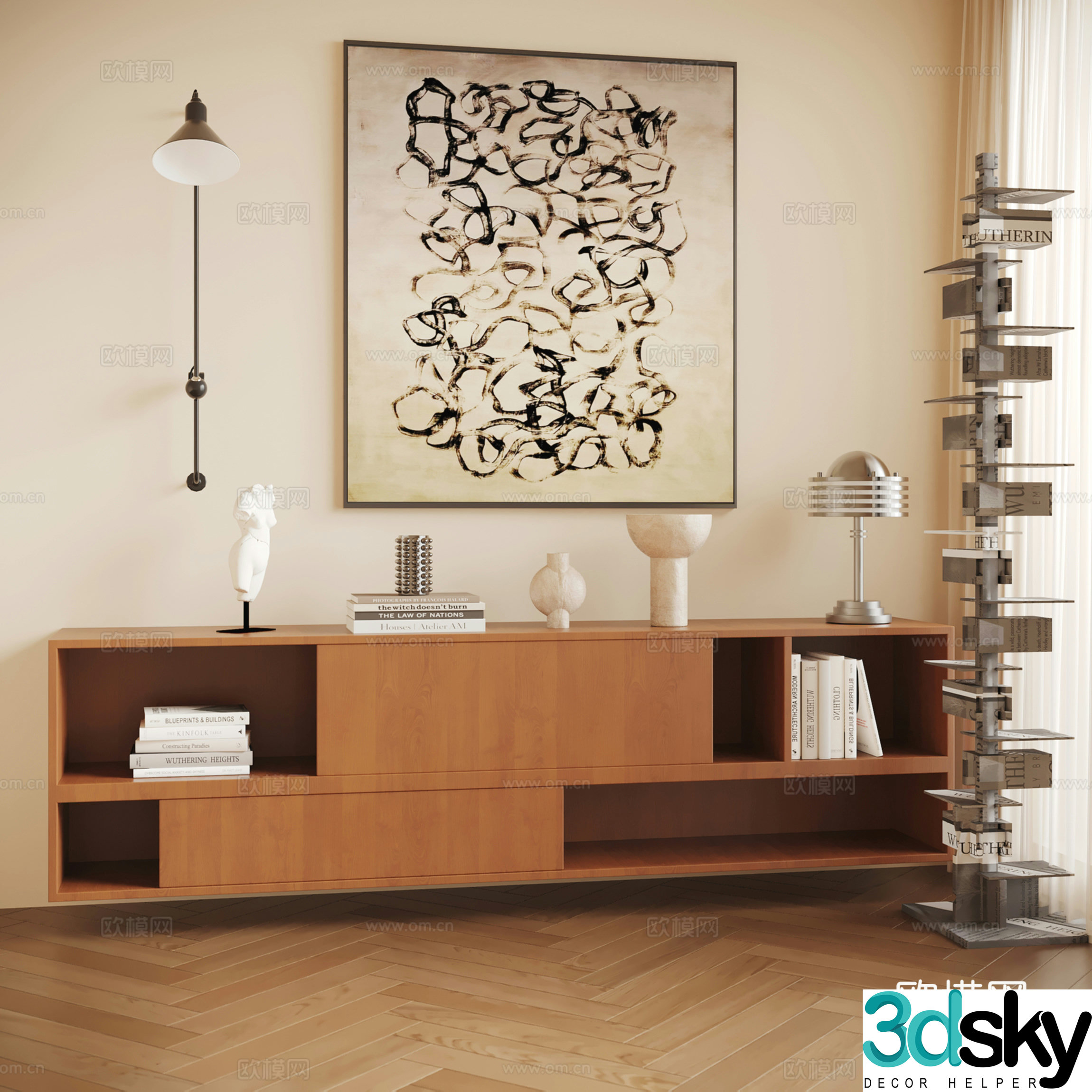 Wasabi Middle Style Side Cabinet Decoration Cabinet Wall-mounted Bookshelf Entrance Cabinet 3D Model