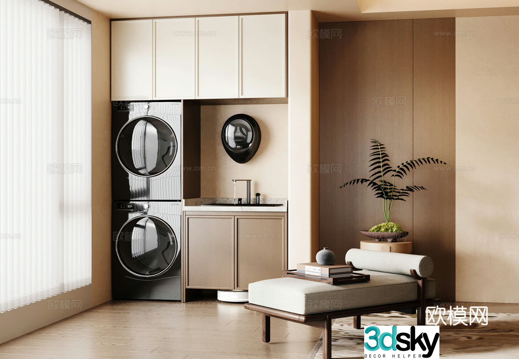 New Chinese style balcony cabinet washing machine cabinet living balcony laundry pool flush set 3D model