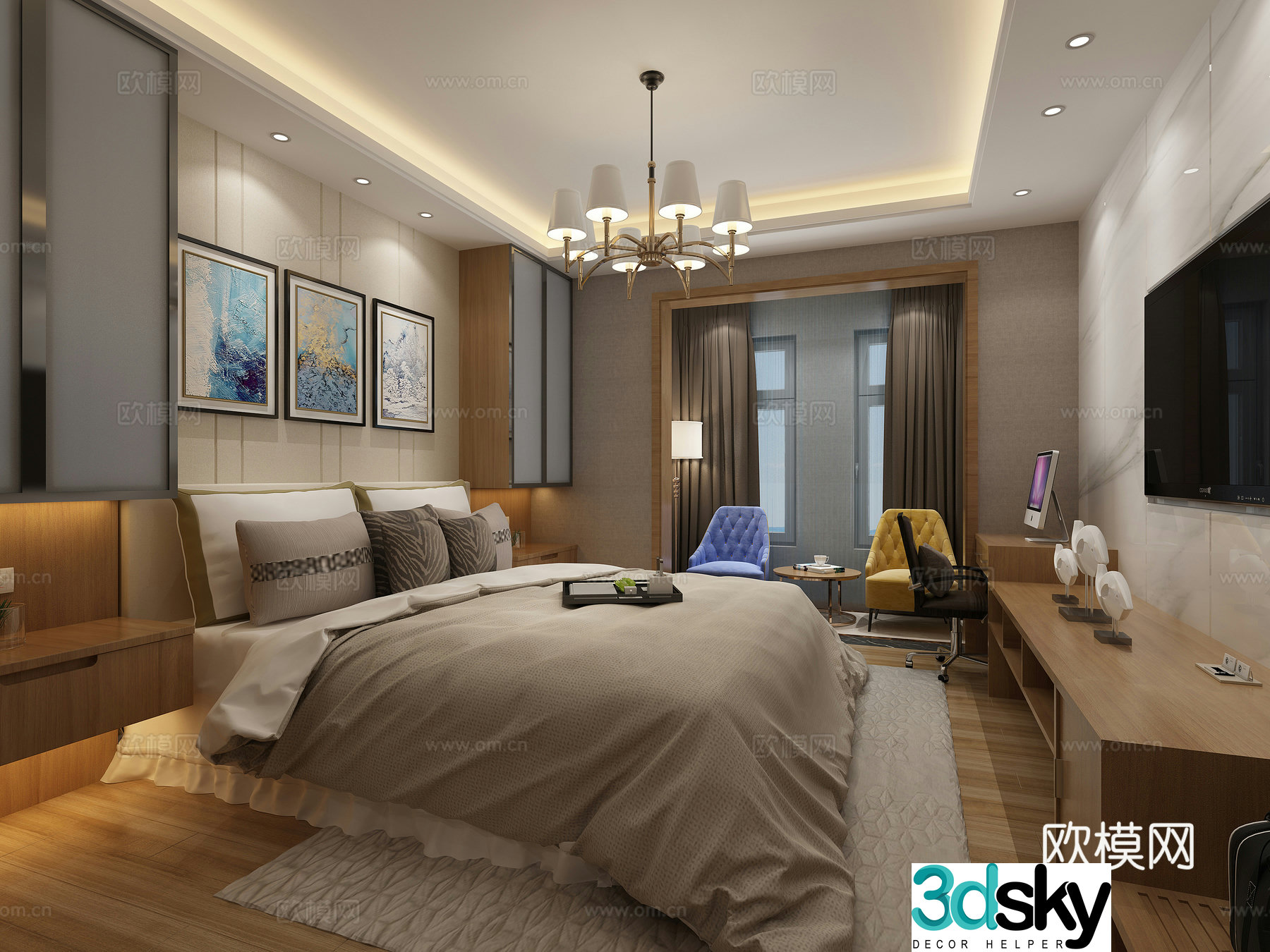 Modern single apartment Double bed Chandelier Hanging painting Bedside table desk lamp TV 3d model