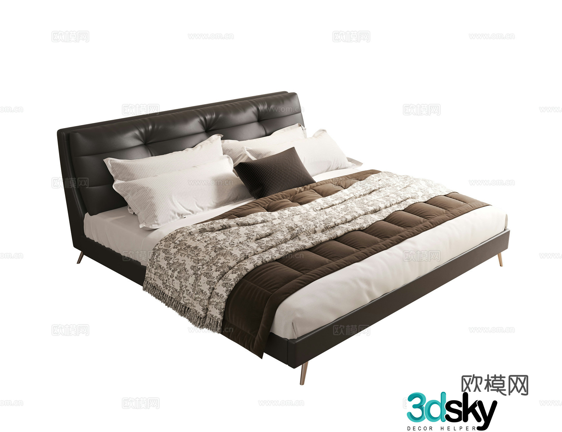Modern double bed leather double bed master bedroom secondary bed senior bed black double bed 3d model