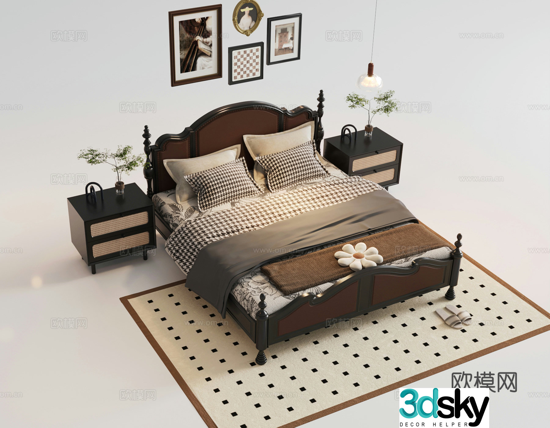French retro double bed master bedroom bed nightstand decorative painting carpet 3d model