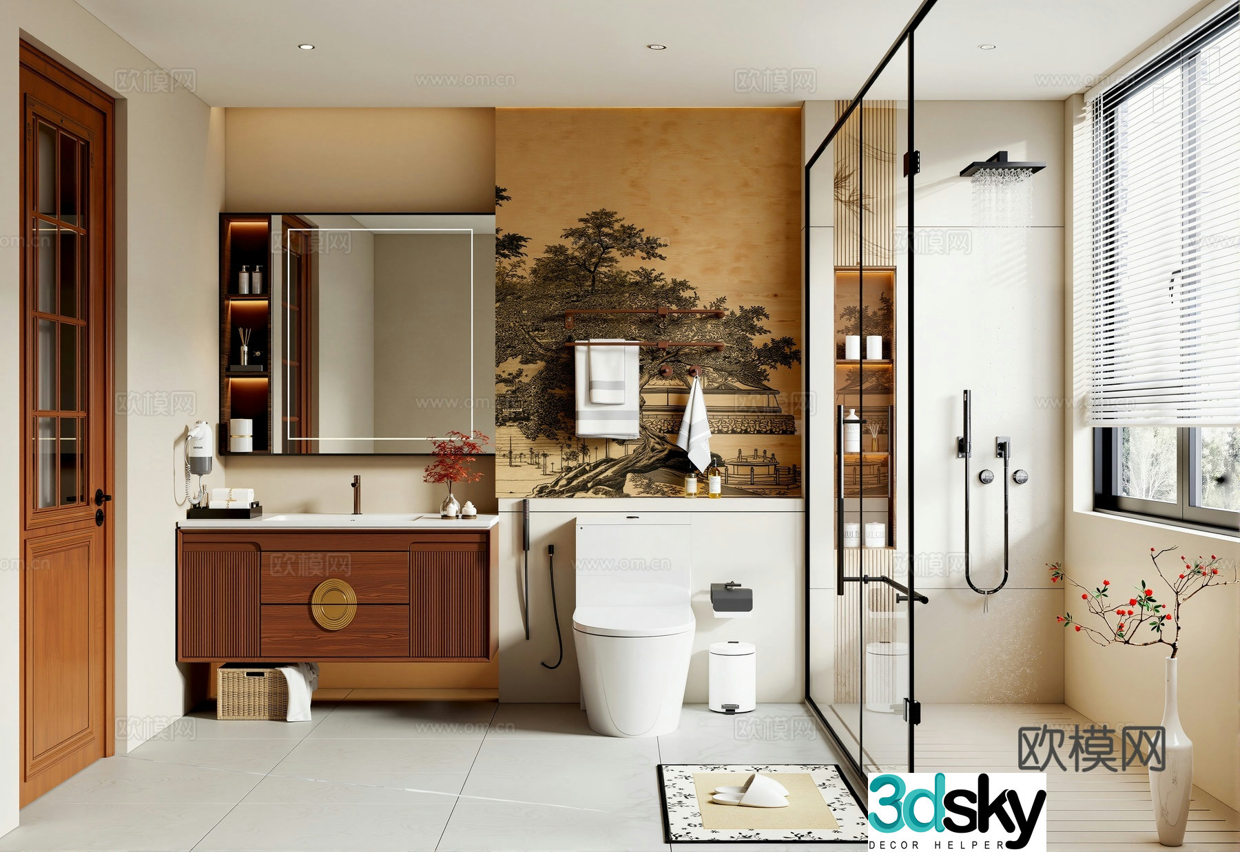 New Chinese Song style bathroom New Chinese style bathroom cabinet Bathroom door Shower Toilet Bathroom 3D model