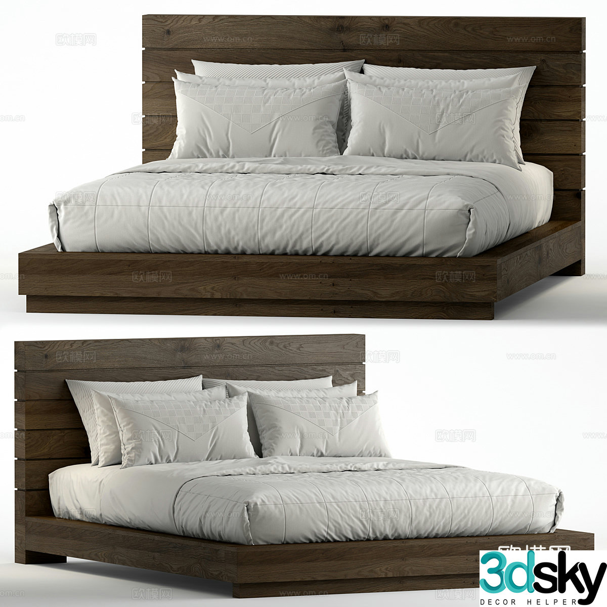 New Chinese style Wasabi Wooden Fabric Double Bed 3D Model