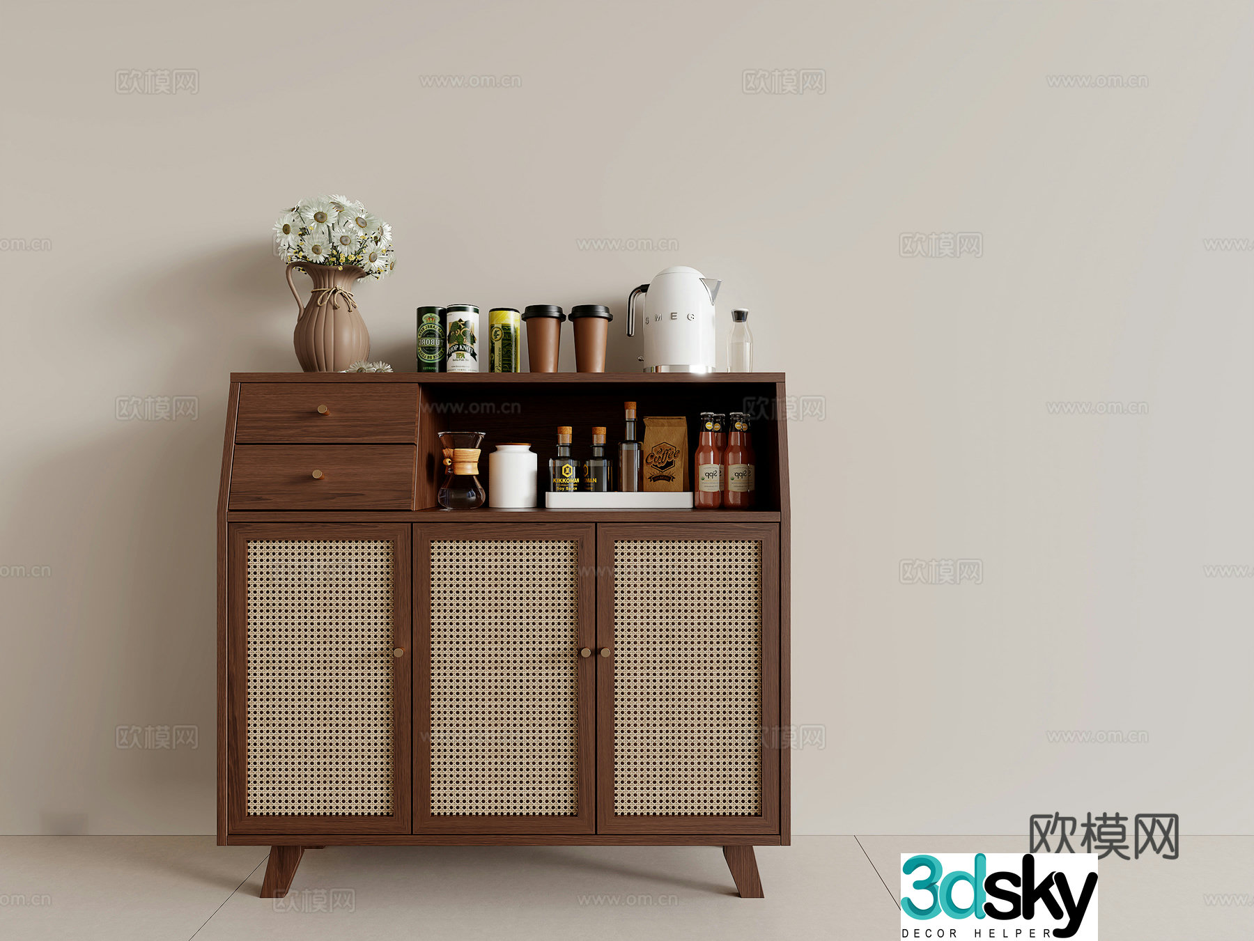 Modern medieval style sideboard wine cabinet dining sideboard finished sideboard rattan woven low cabinet tea cabinet 3D model