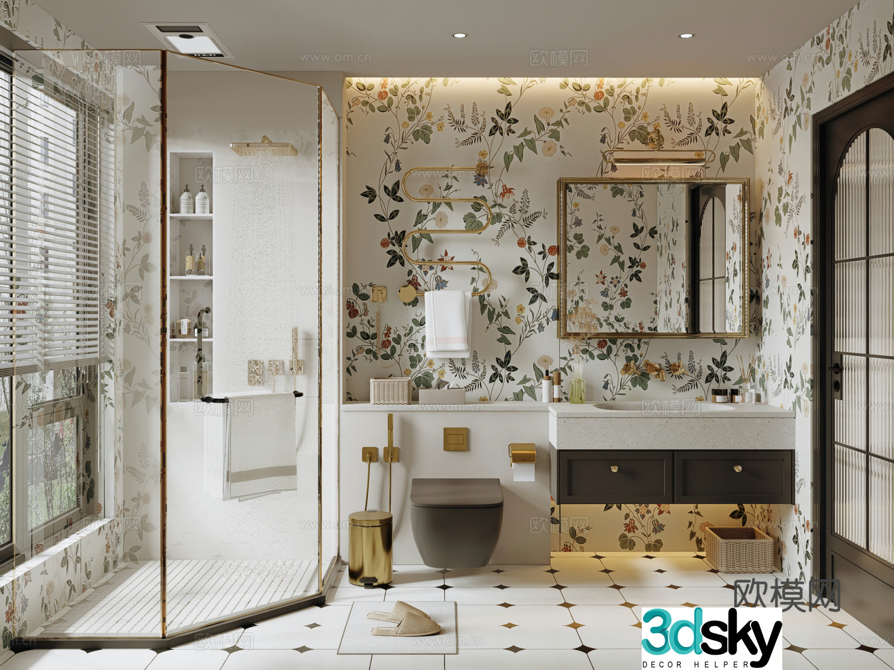 French cream bathroom wet and dry bathroom 3d model