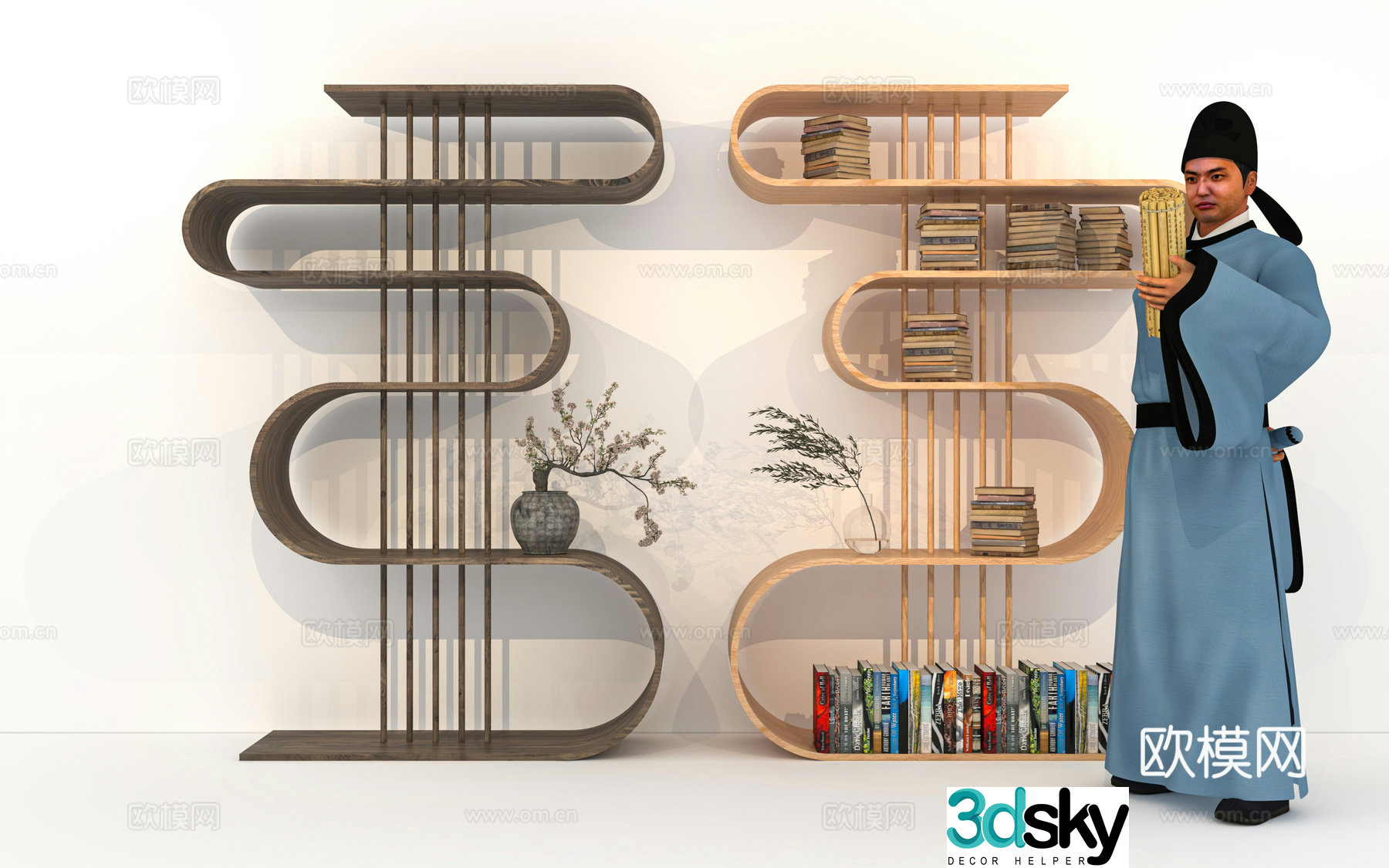 Chinese creative modeling bookshelf shelf study living room decoration screen partition soft 3d model