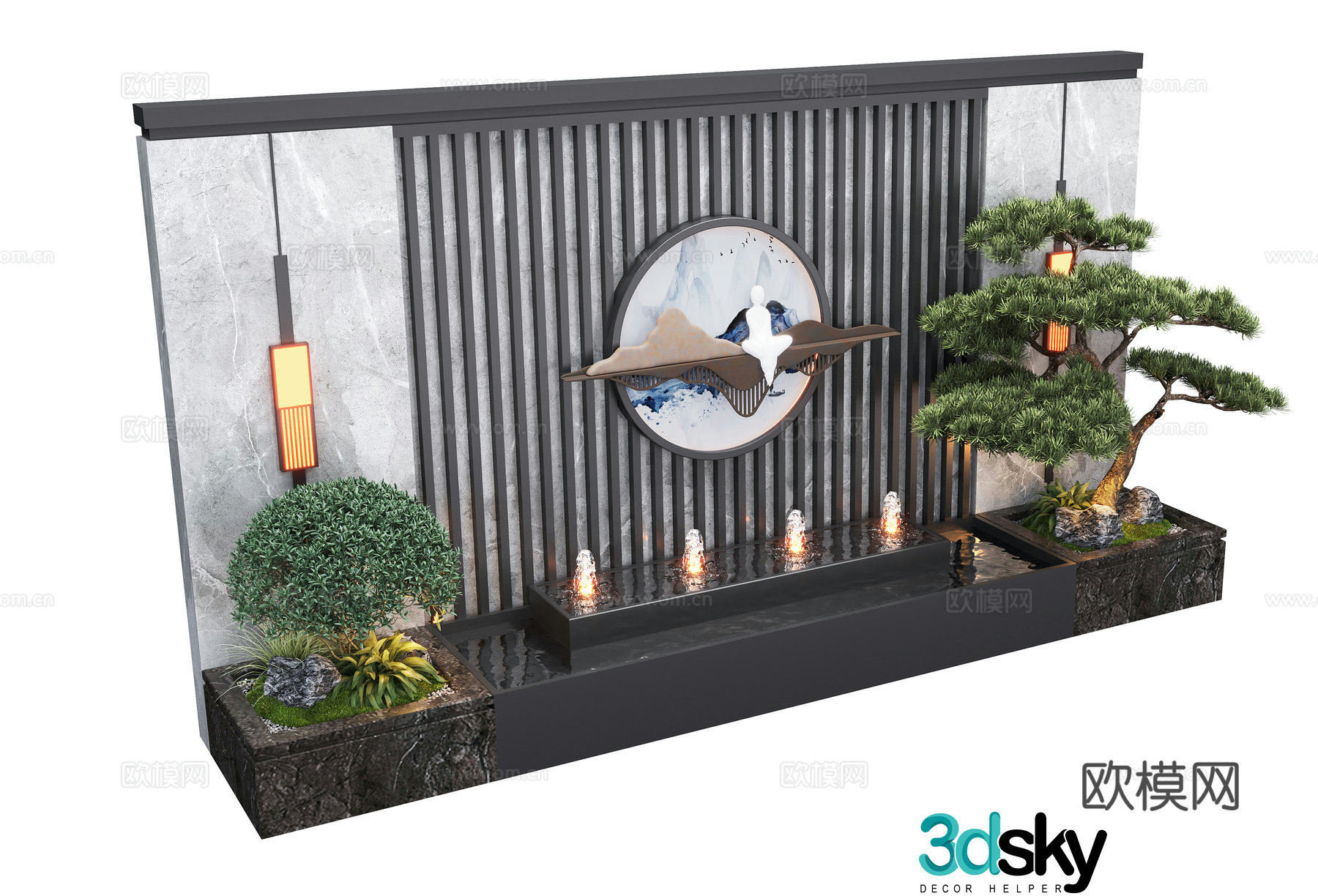 New Chinese style courtyard water view wall landscape wall flowing water fish pond 3d model
