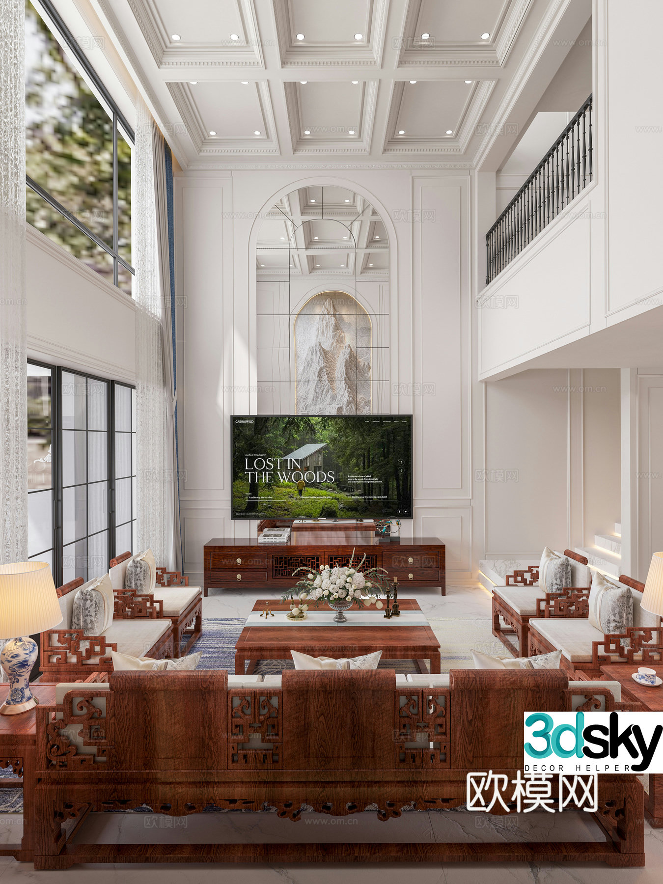 French Chinese style mixed living room living room without lights villa living room Chinese style furniture mirror background 3D model