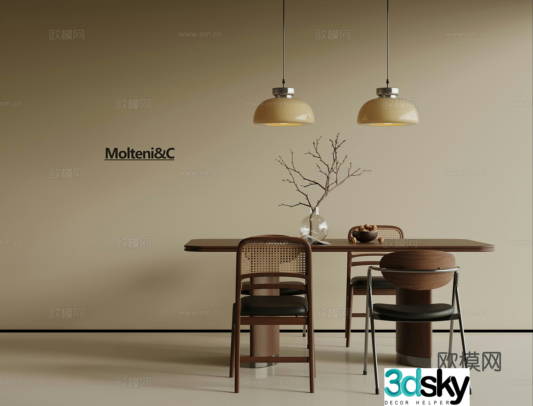 Medium style dining table dining table chair small chandelier 3d model