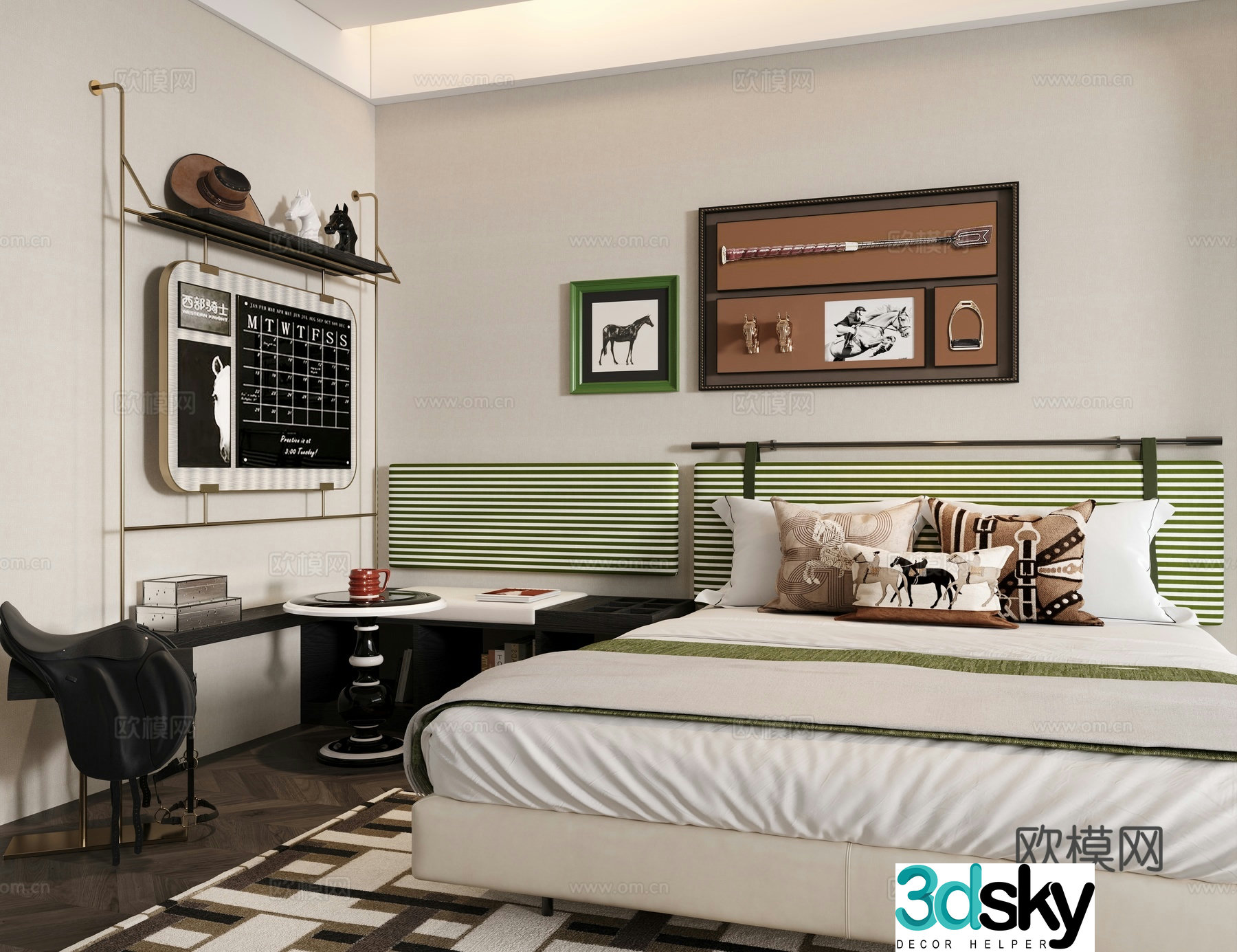 Bedroom Hermes pillow horse ornaments Wall decoration Hermes painting Double bed Round table booth 3D model
