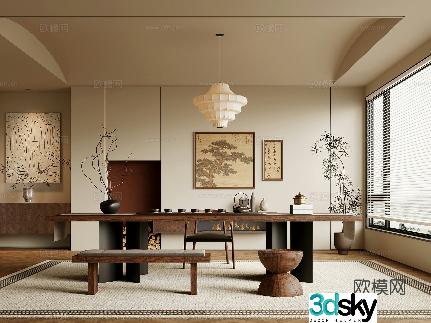 Middle-aged tea room tea table and chair tea set 3D model
