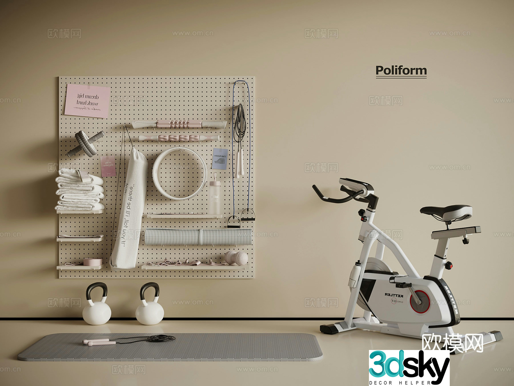 Modern sports fitness equipment spinning bike yoga mat 3d model