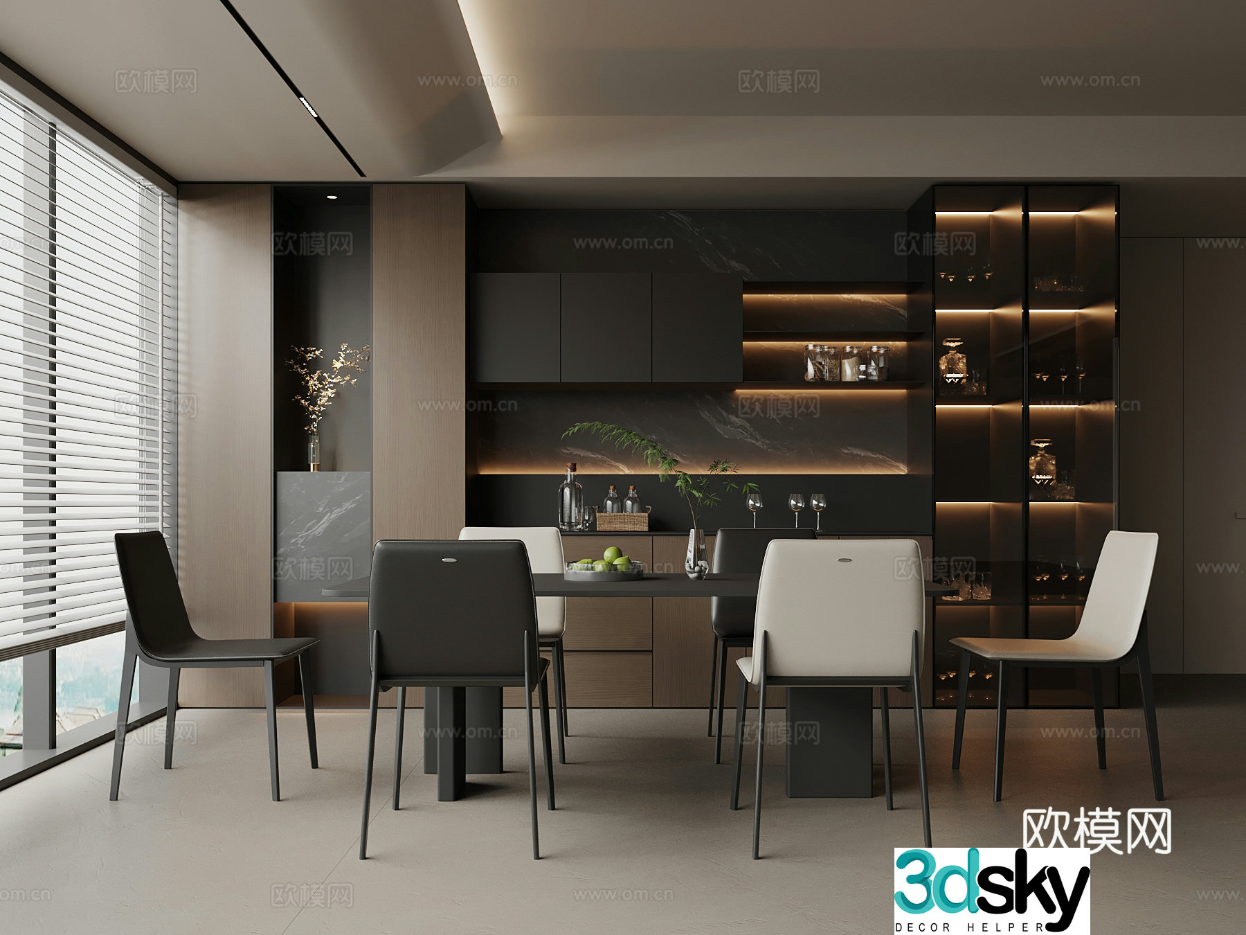 14 Italian restaurant dining table and chair wine cabinet 3d model