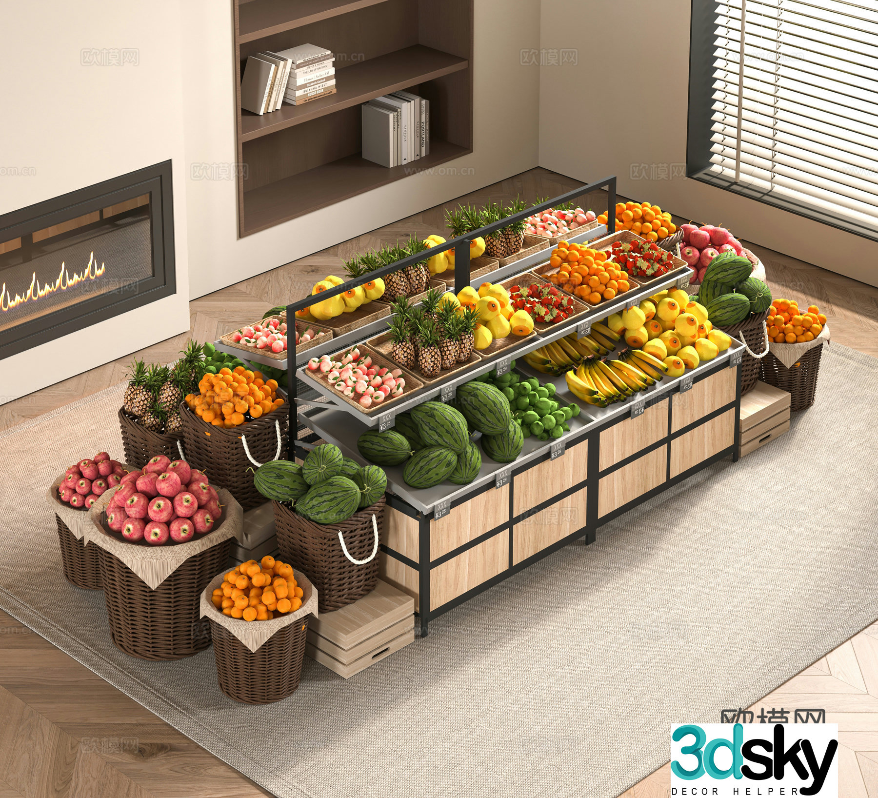 Modern supermarket fruit shelves 3d model