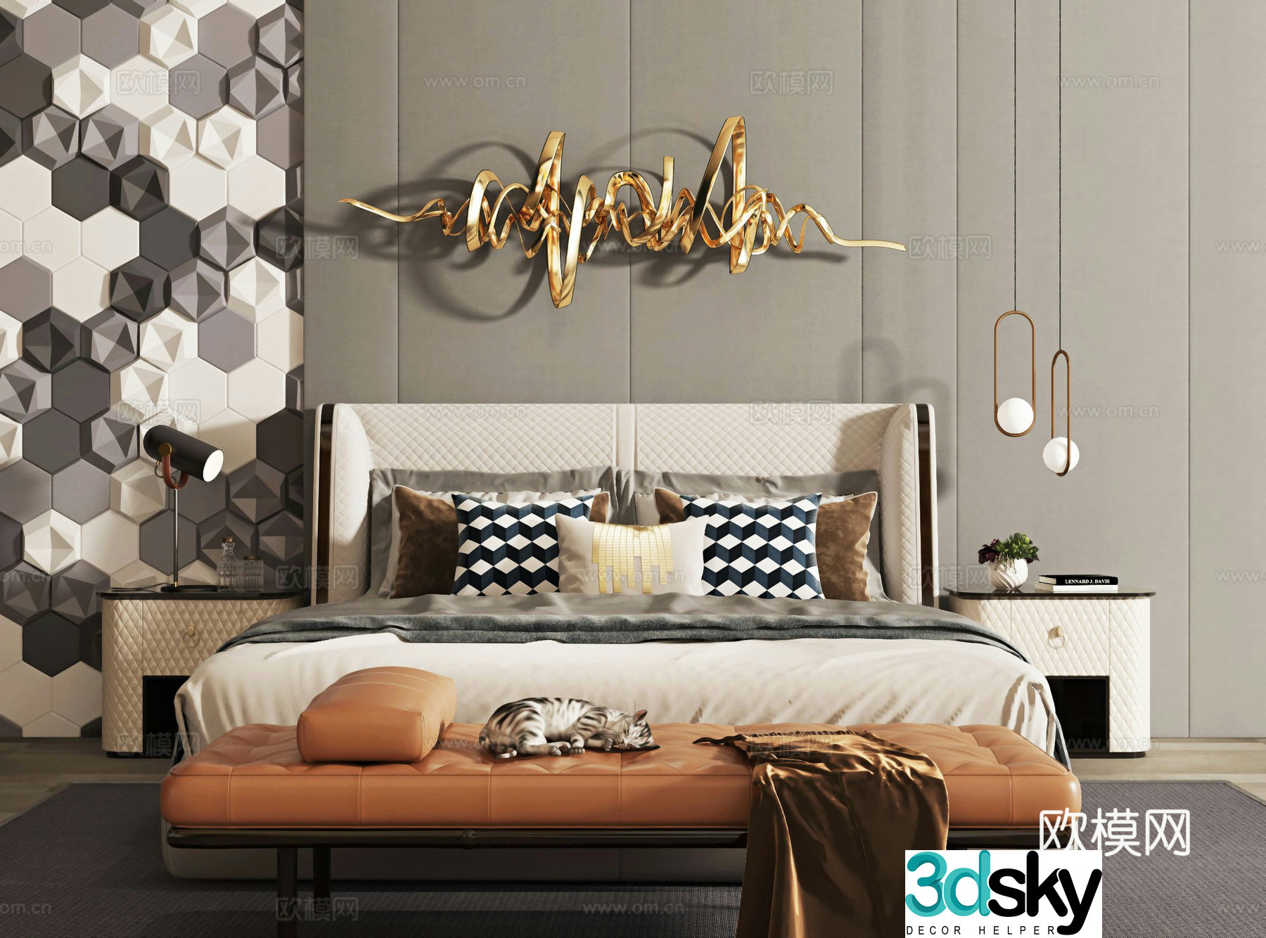 Modern light luxury double bed combination bedside table wall decoration 3D model