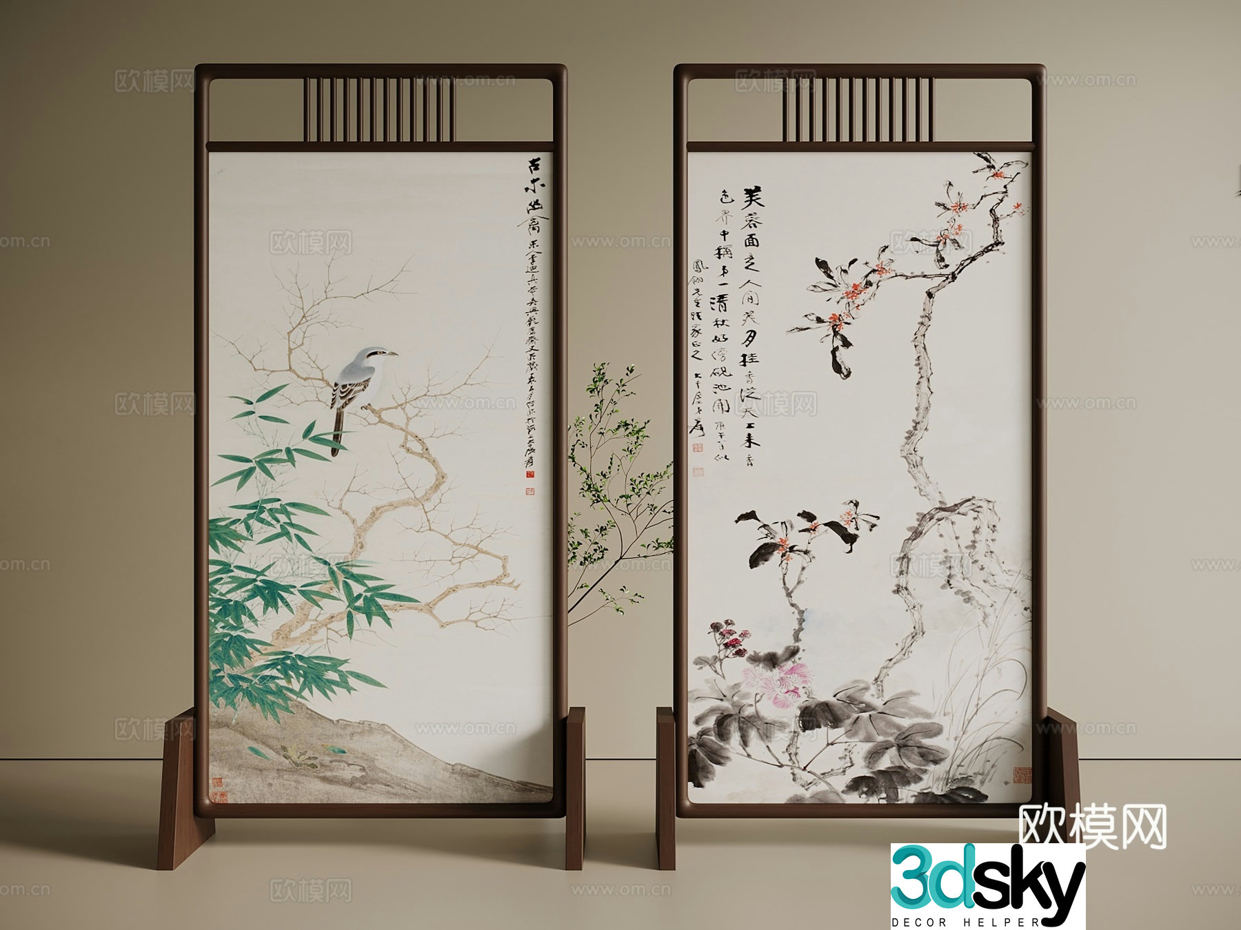 New Chinese style medieval screen wooden screen fabric screen partition 3d model
