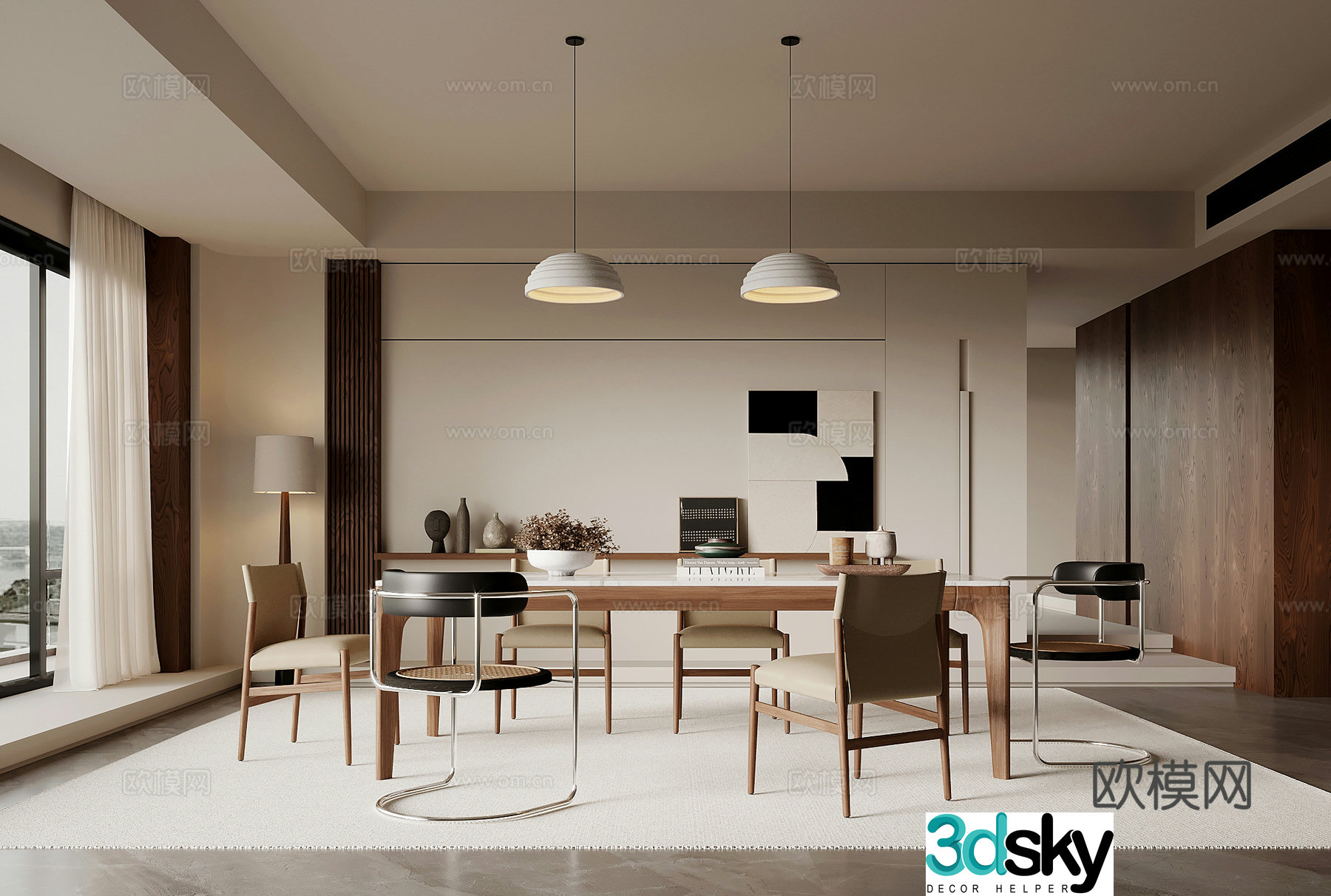 Middle style restaurant dining table and chair 3D model