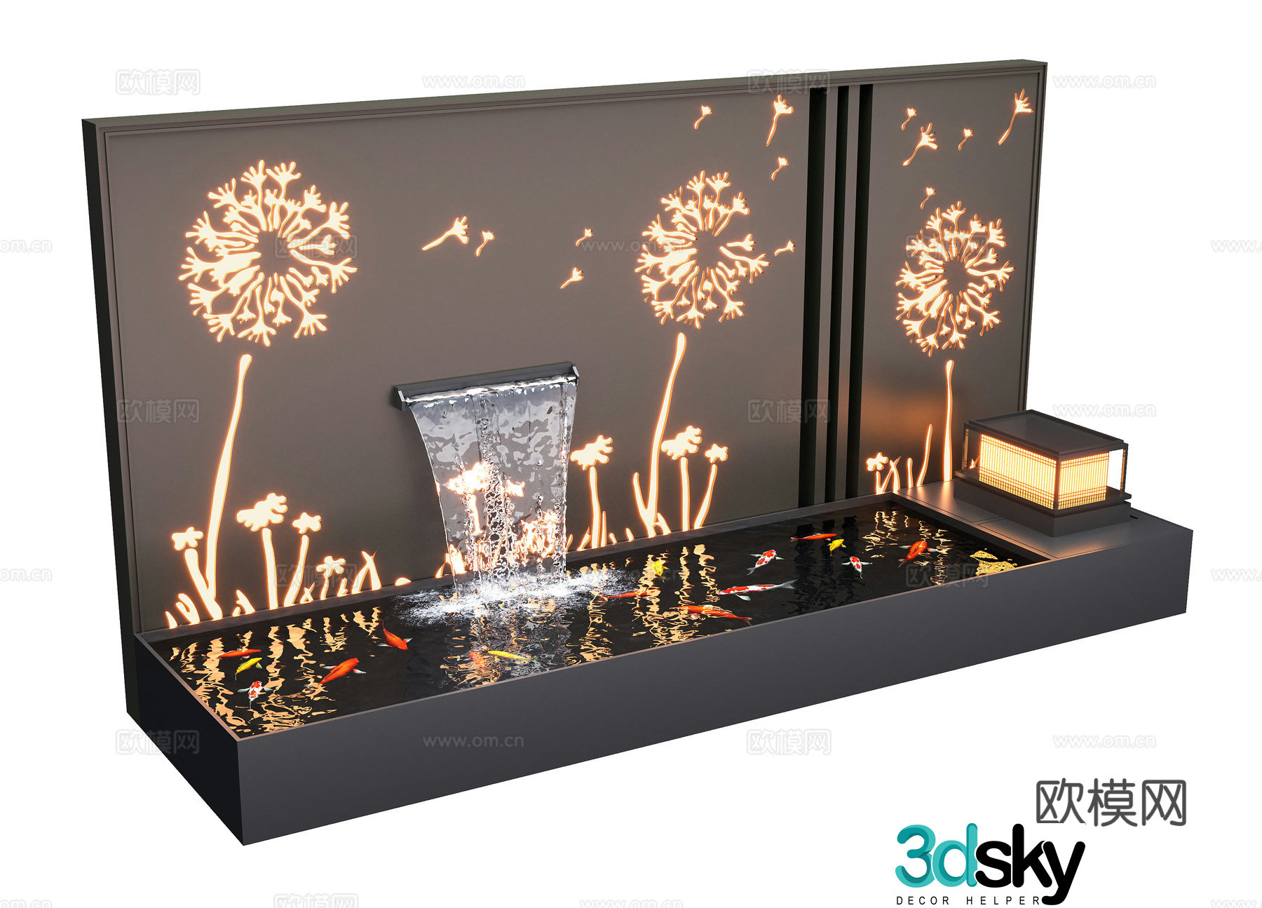 Modern courtyard water view wall landscape wall sleep flowing water fish pond 3d model