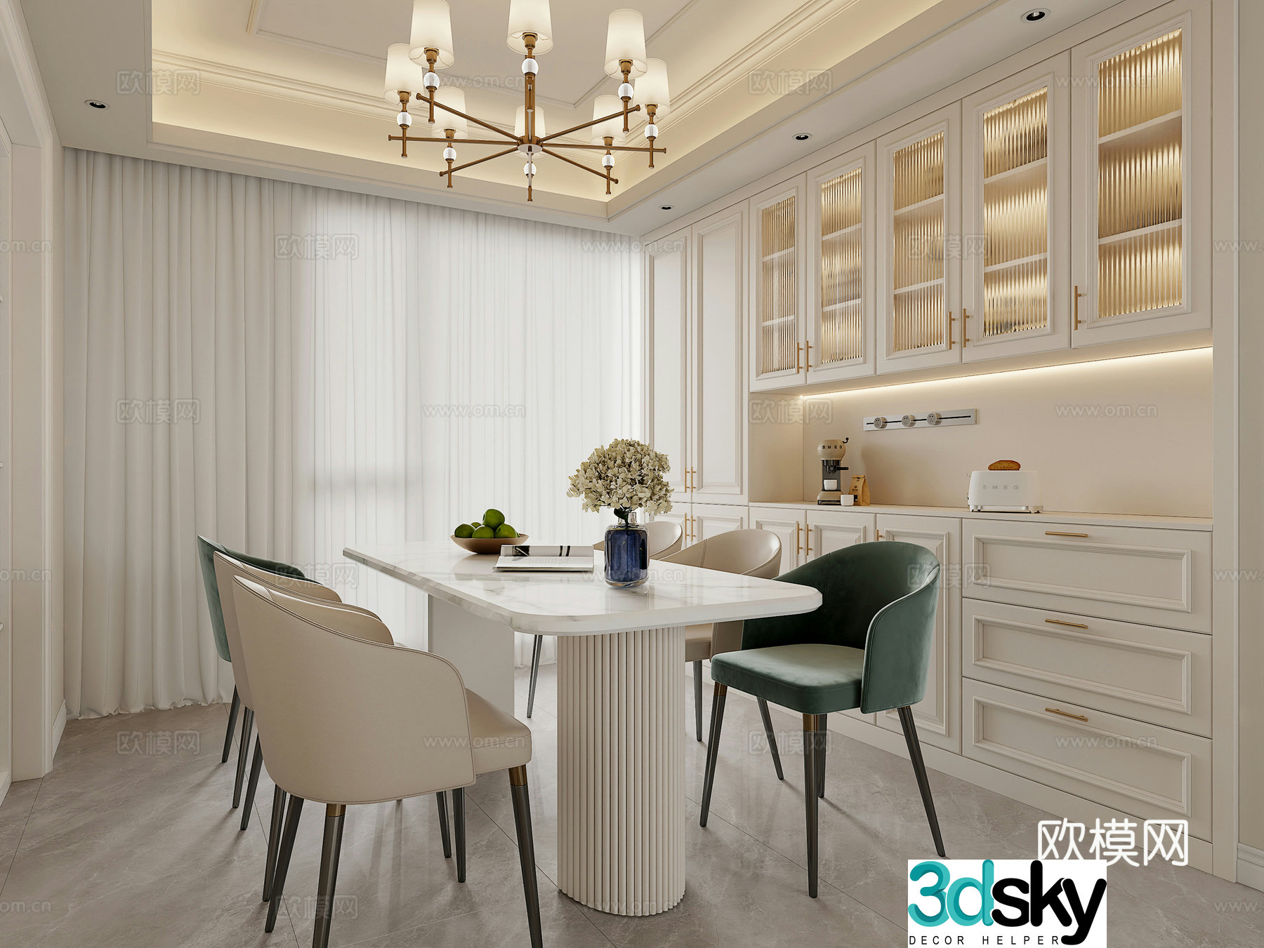 European French home restaurant restaurant wine cabinet sideboard dining table combination 3D model