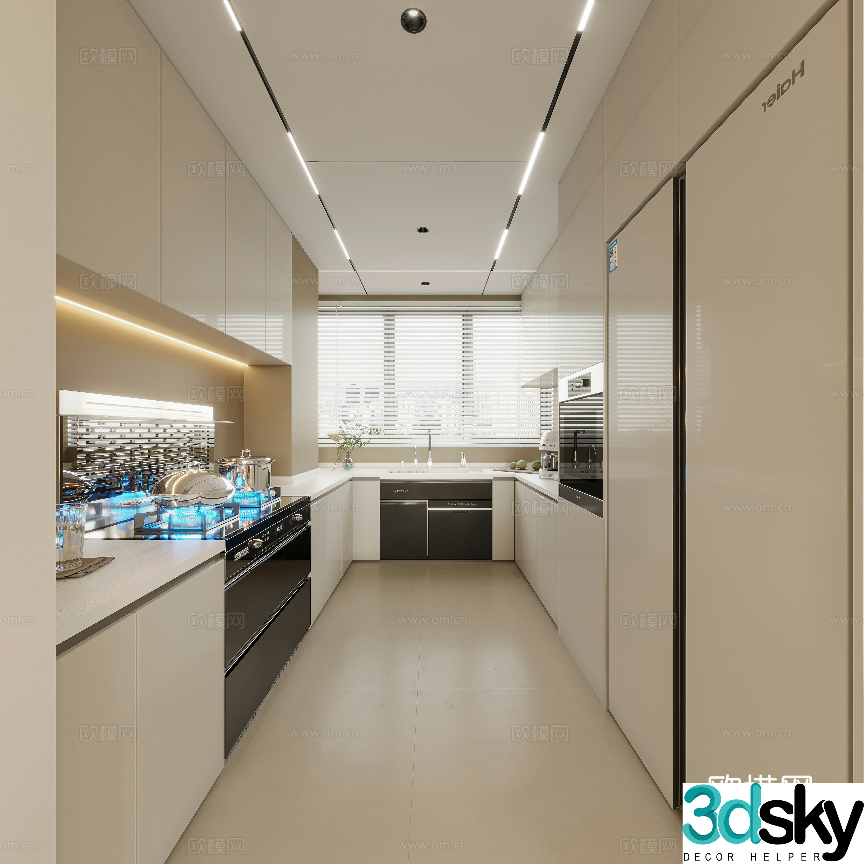 Modern minimalist U-shaped kitchen 3d model
