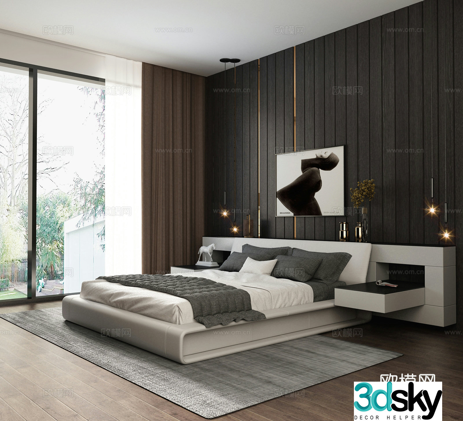 Modern minimalist bedroom leather bed 3d model