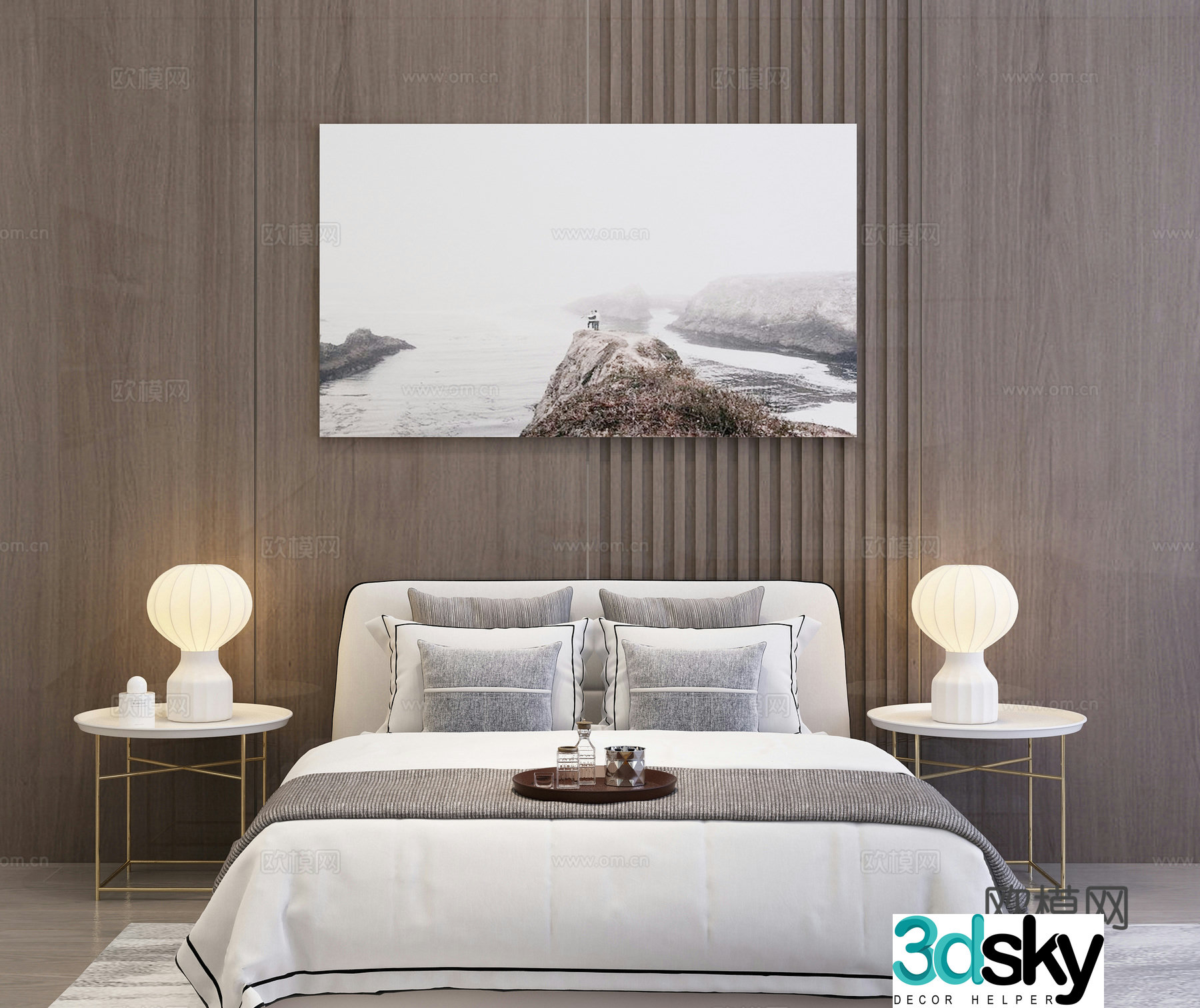 Modern double bed nightstand decorative painting 3d model