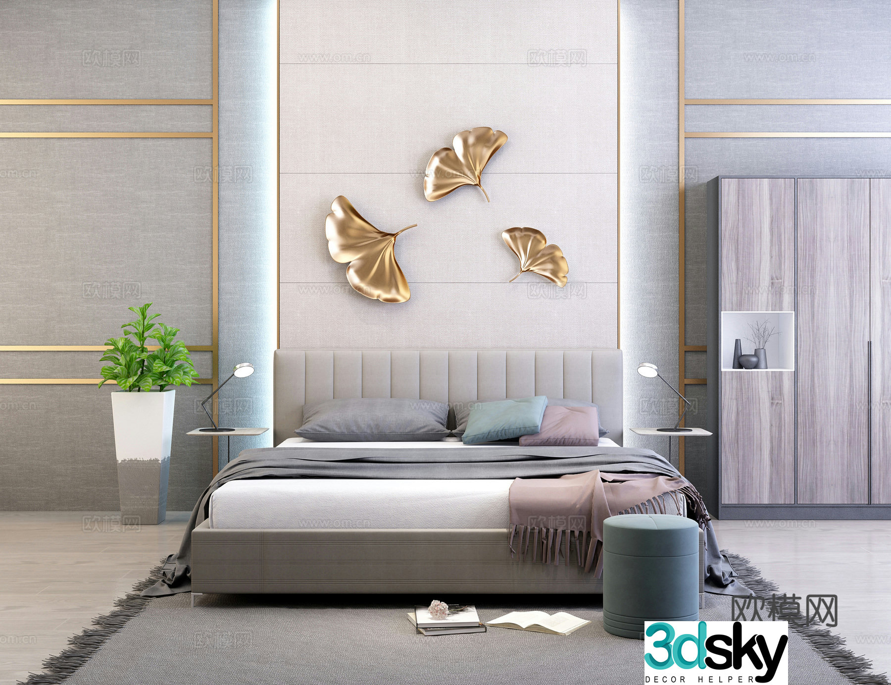 Modern big bed decorative painting chandeliers decoration bedside table chest of drawers wall decoration 3d model
