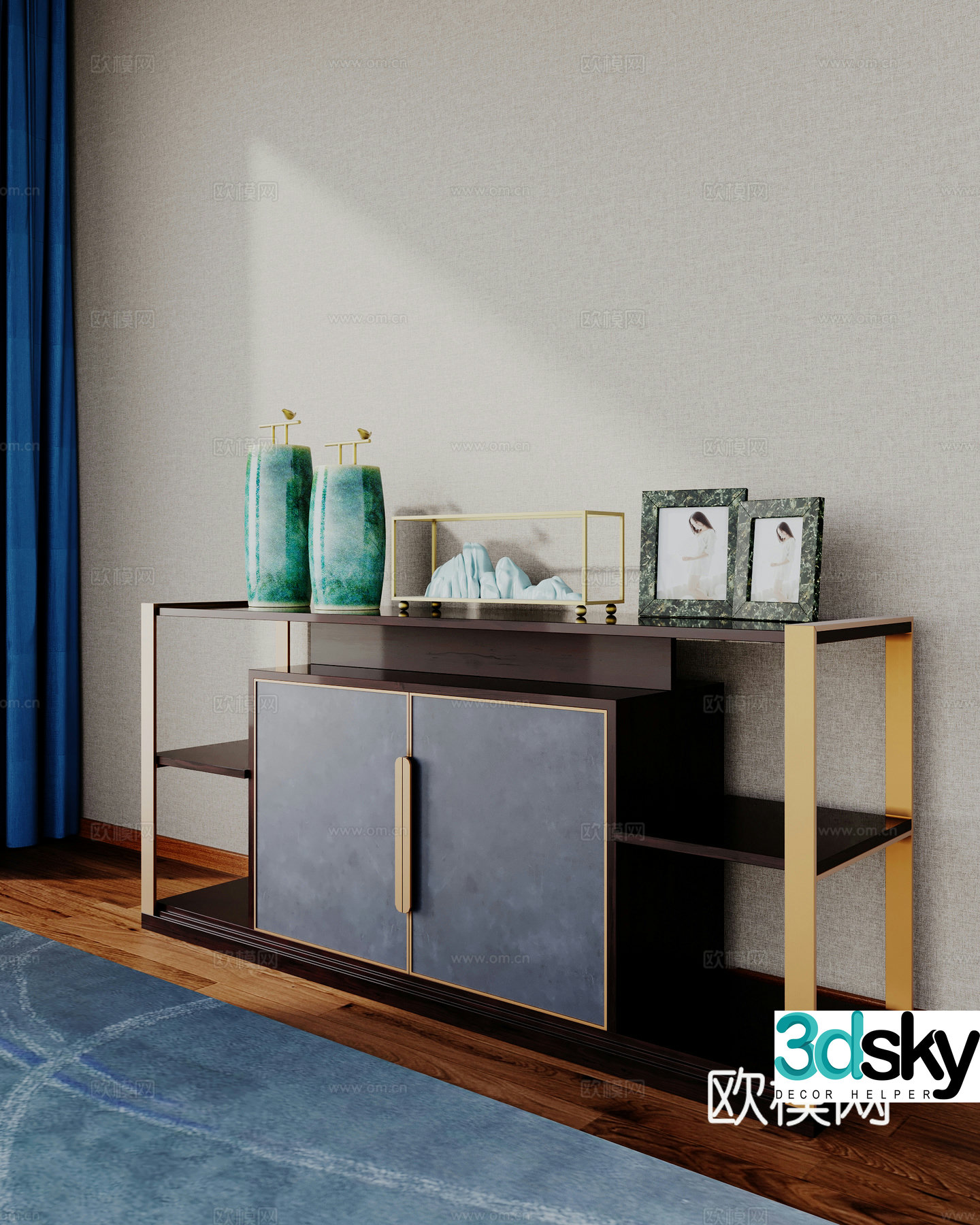 New Chinese style entrance cabinet Chinese side cabinet dining cabinet Chinese style ornament carpet curtain 3D model