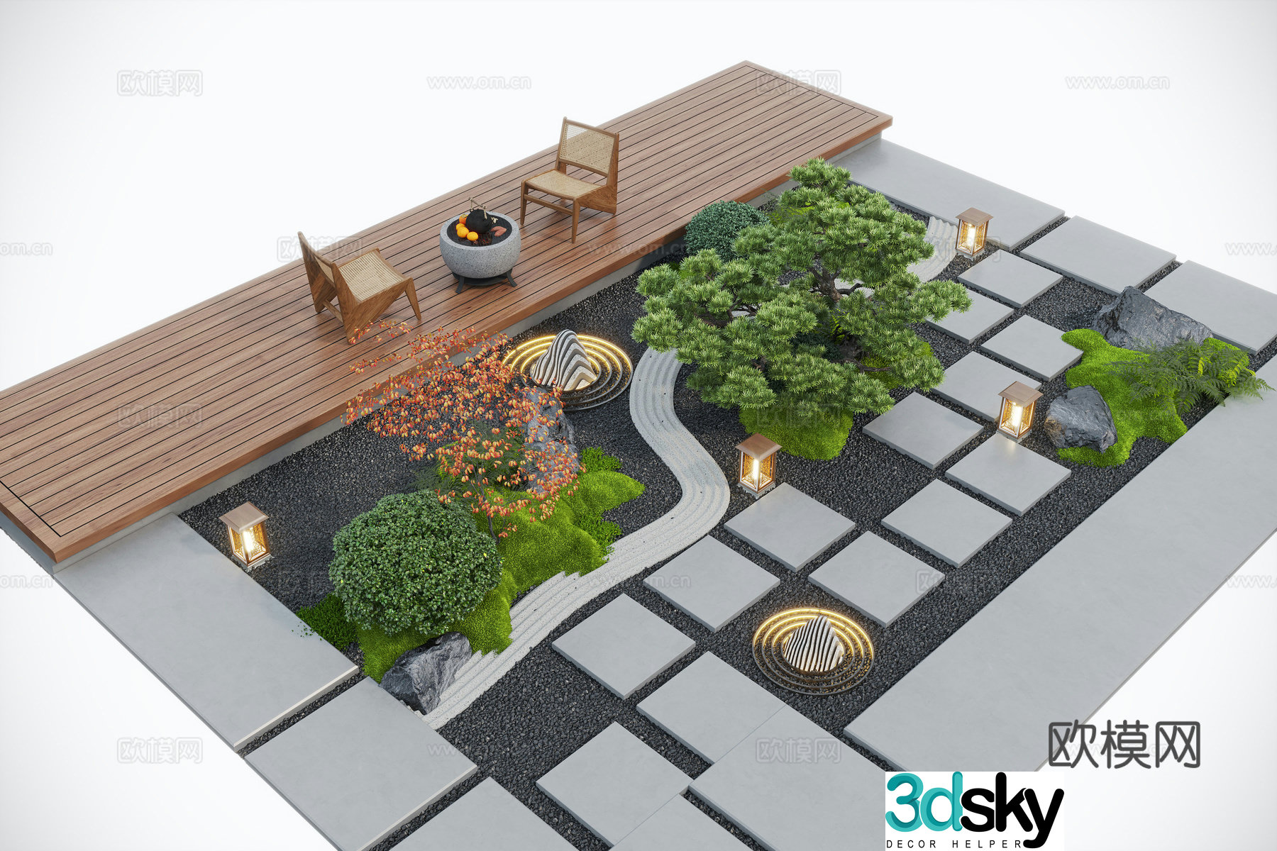 New Chinese style courtyard landscape landscape sketch outdoor leisure chair dry landscape moss landscape 3d model