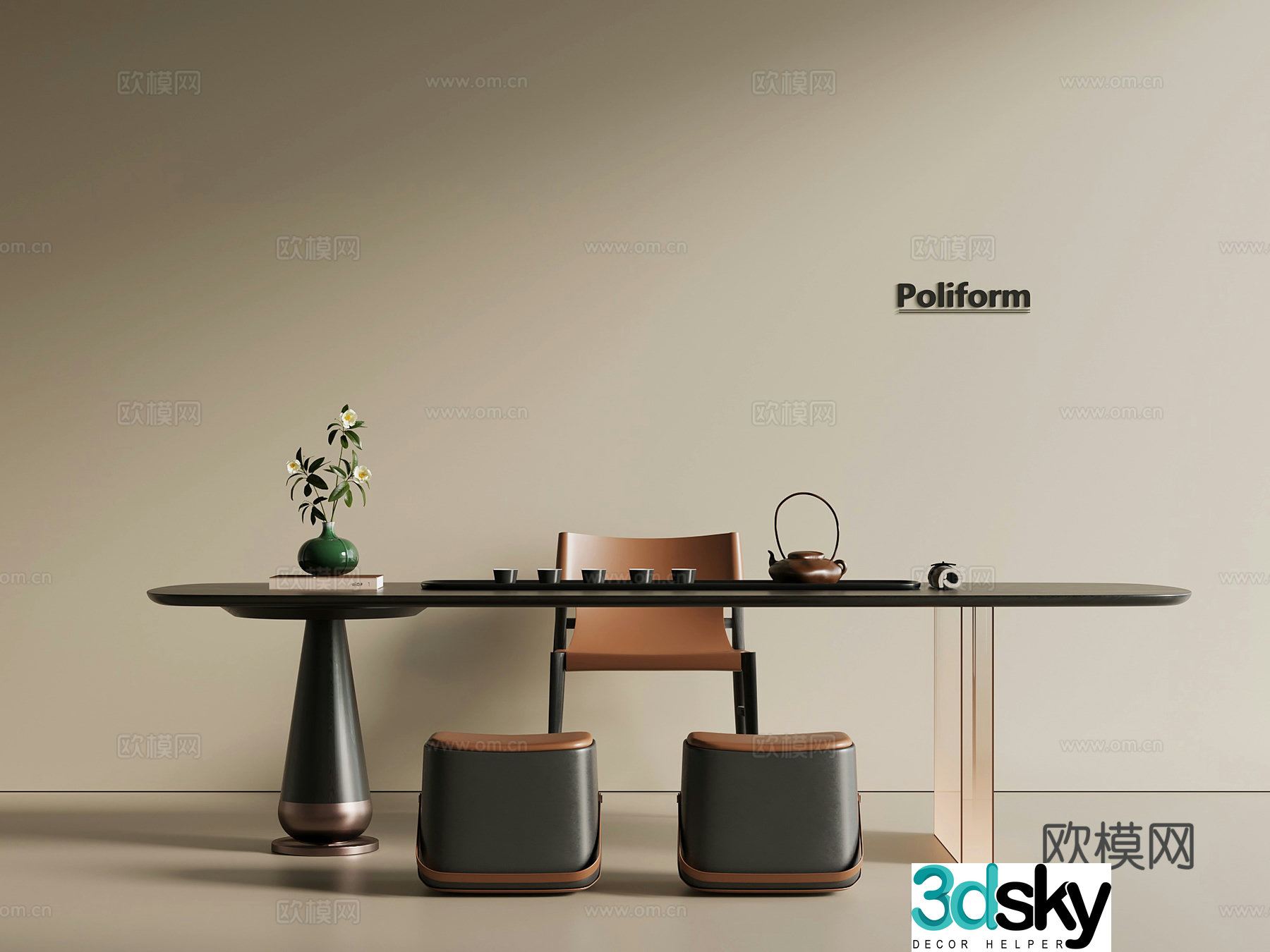 New Chinese-style tea table and chairs Tea table tea set 3D model