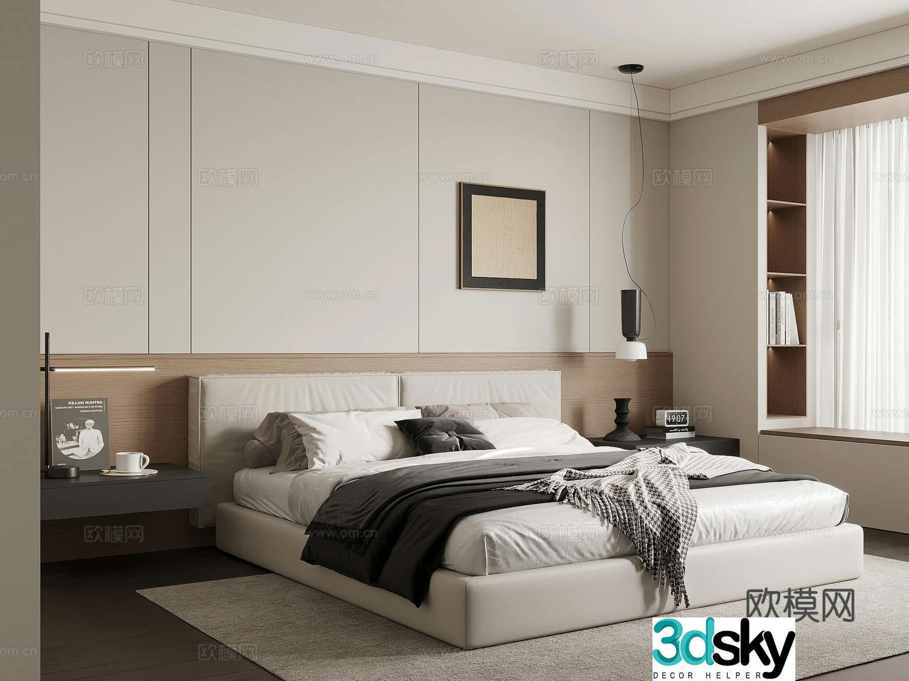 Modern minimalist bedroom master bedroom double bed 3d model