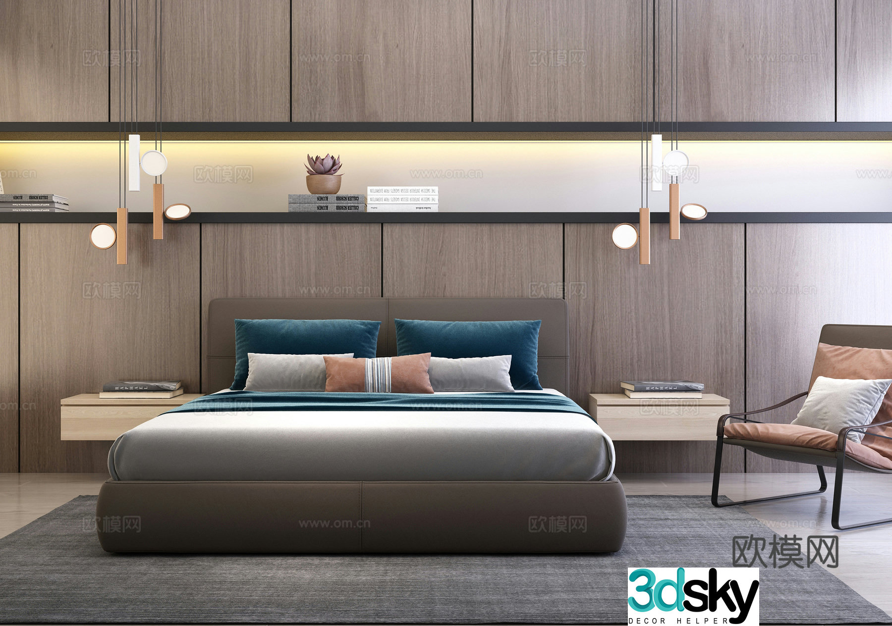 Modern double bed wall decoration bedside table chandeliers 3d model
