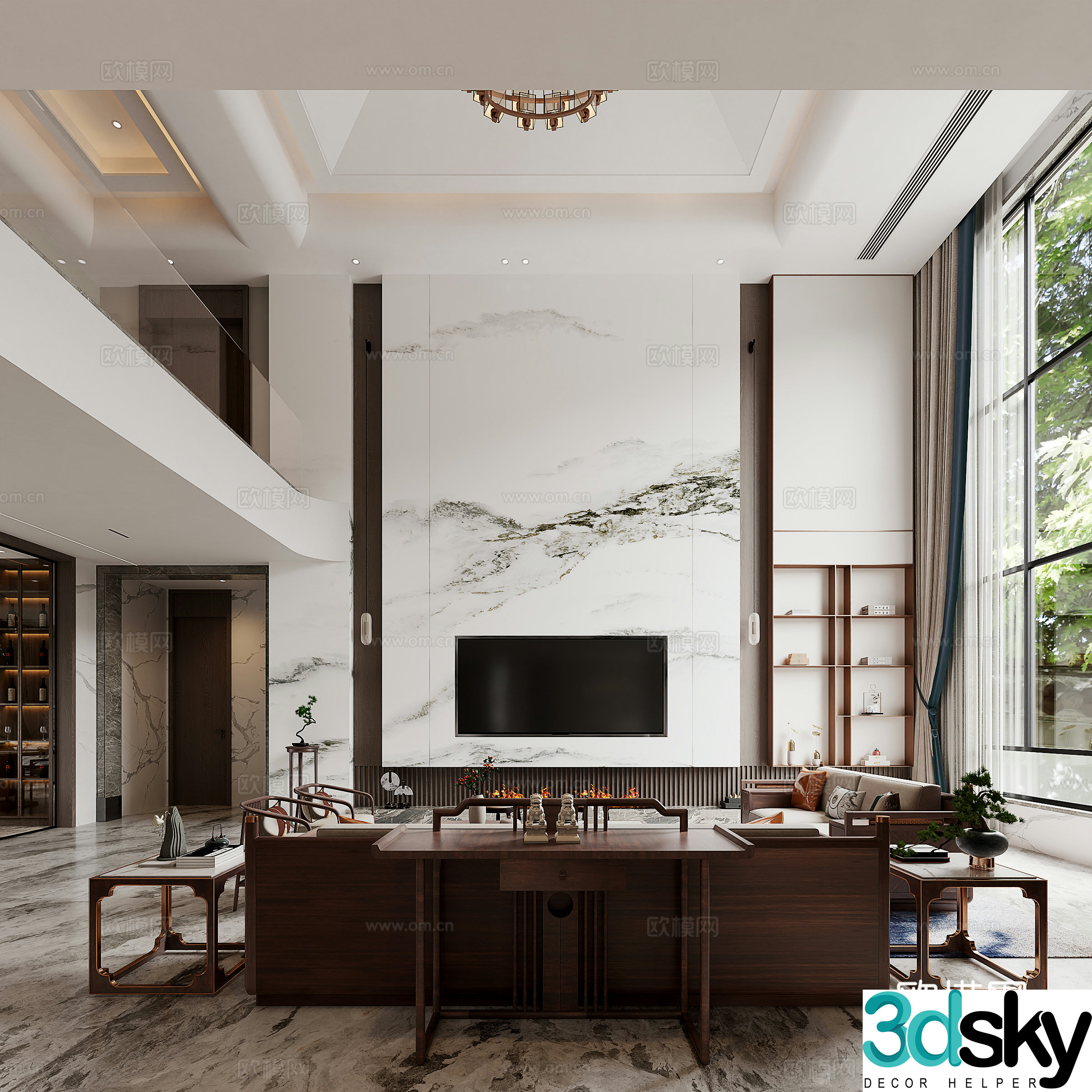 New Chinese style villa living and dining room 3D model