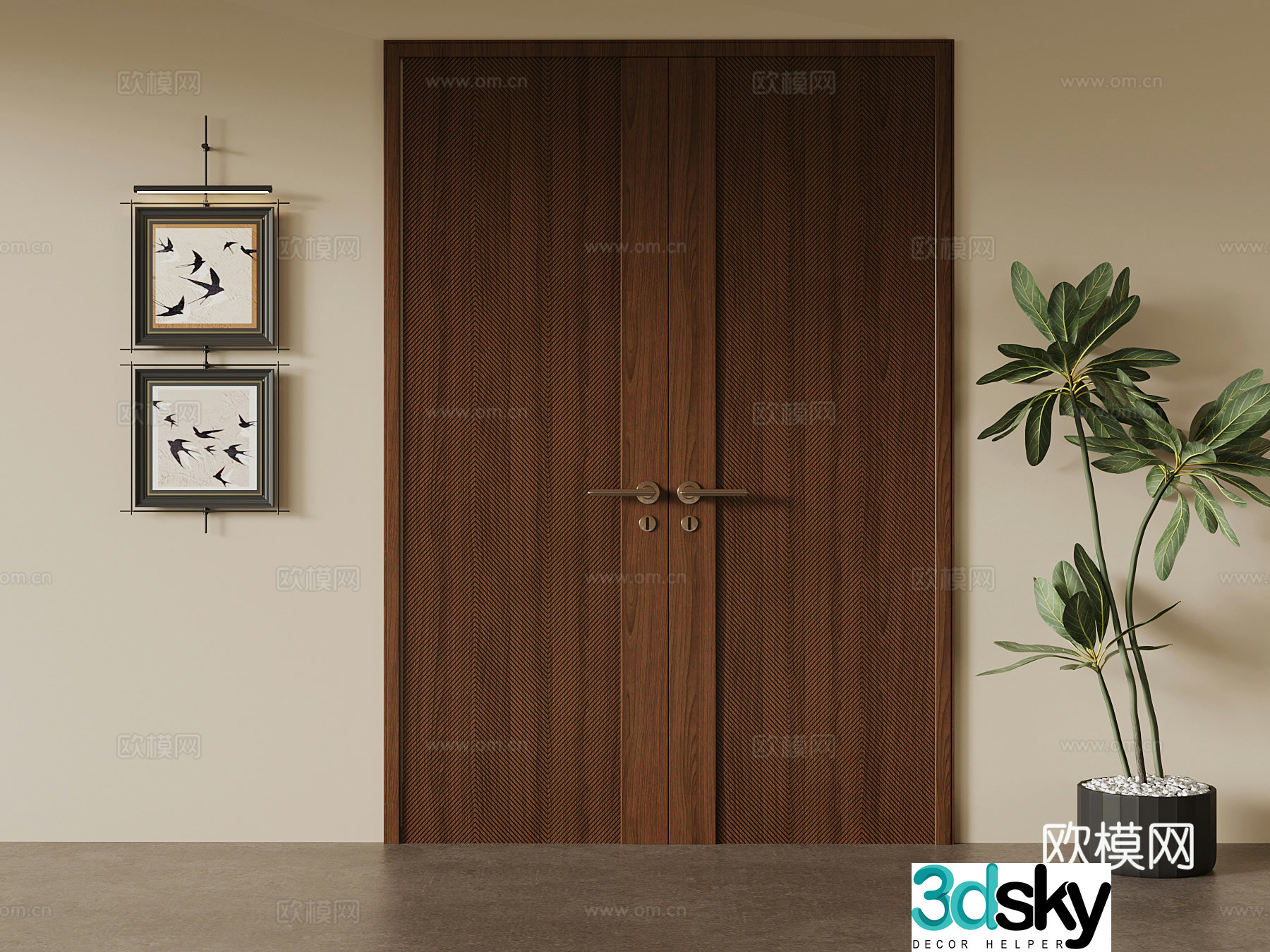 Medium style double-open door hanging painting 3D model