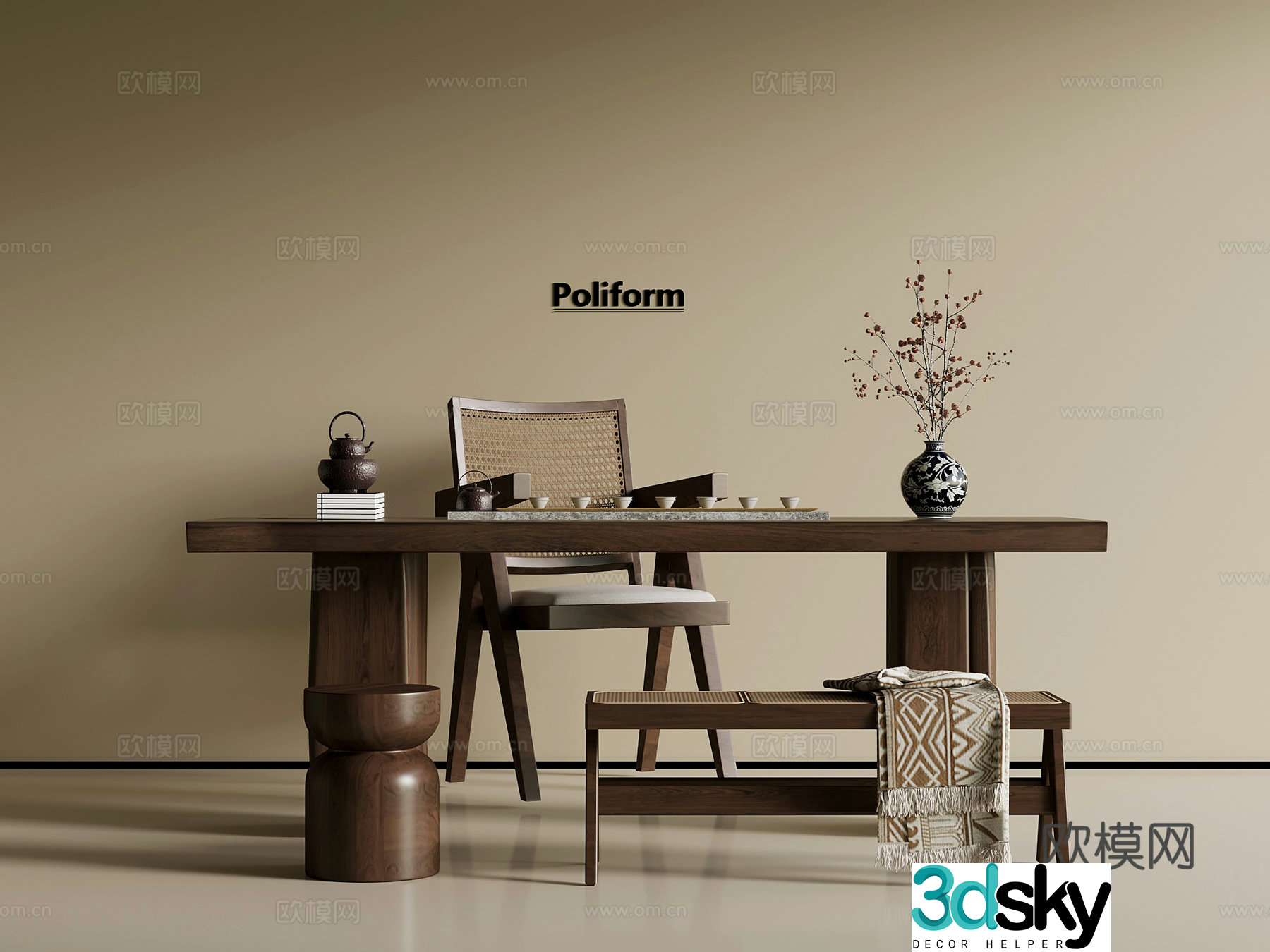 Middle-aged tea table and chairs tea table tea set 3D model