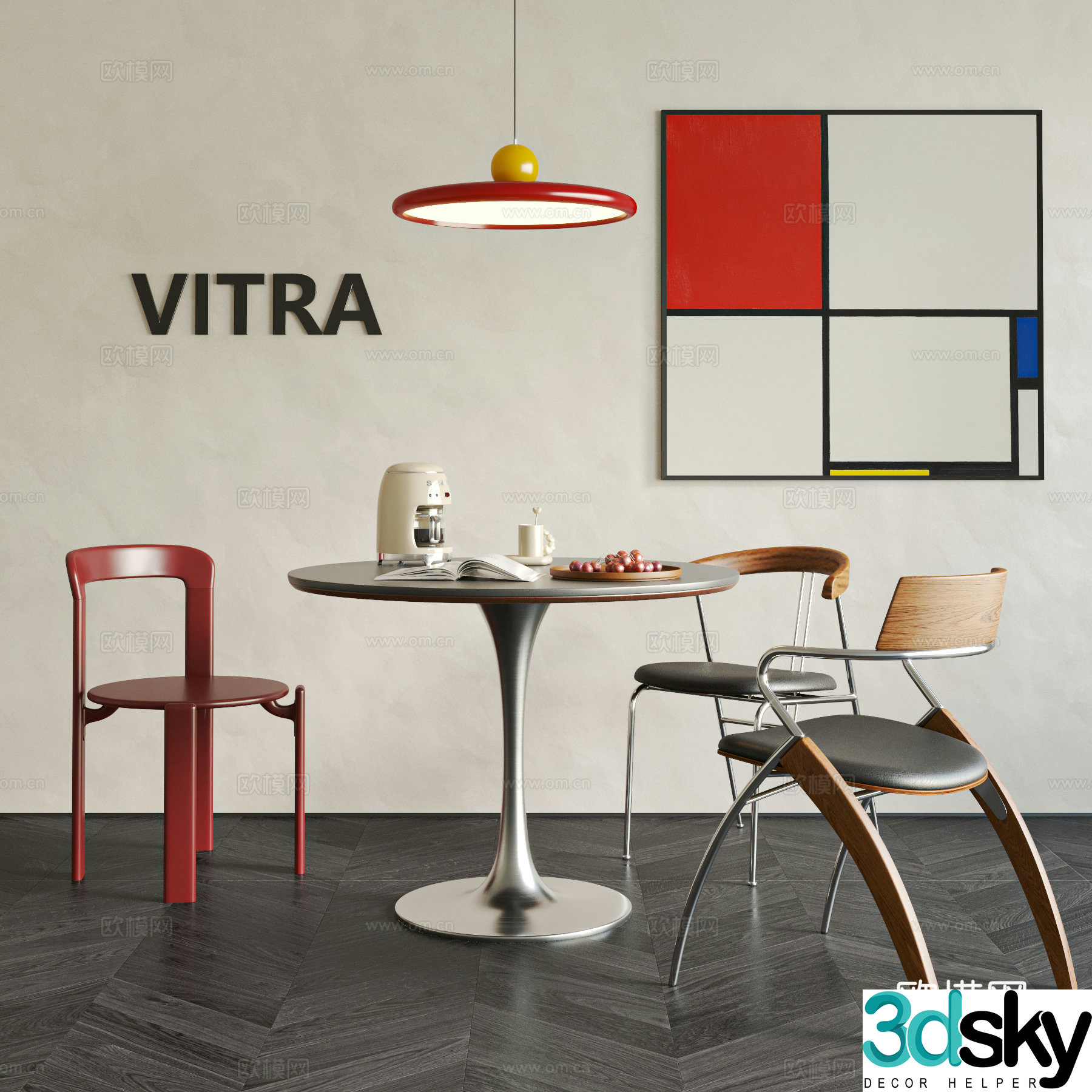Middle style dining table and chair casual table and chair Bauhaus Memphis Mondrian Chandelier 3D model