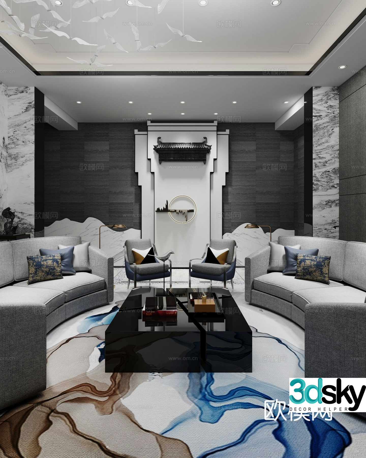 New Chinese style living room Chinese style living room coffee table sofa single chair eaves bird light 3D model
