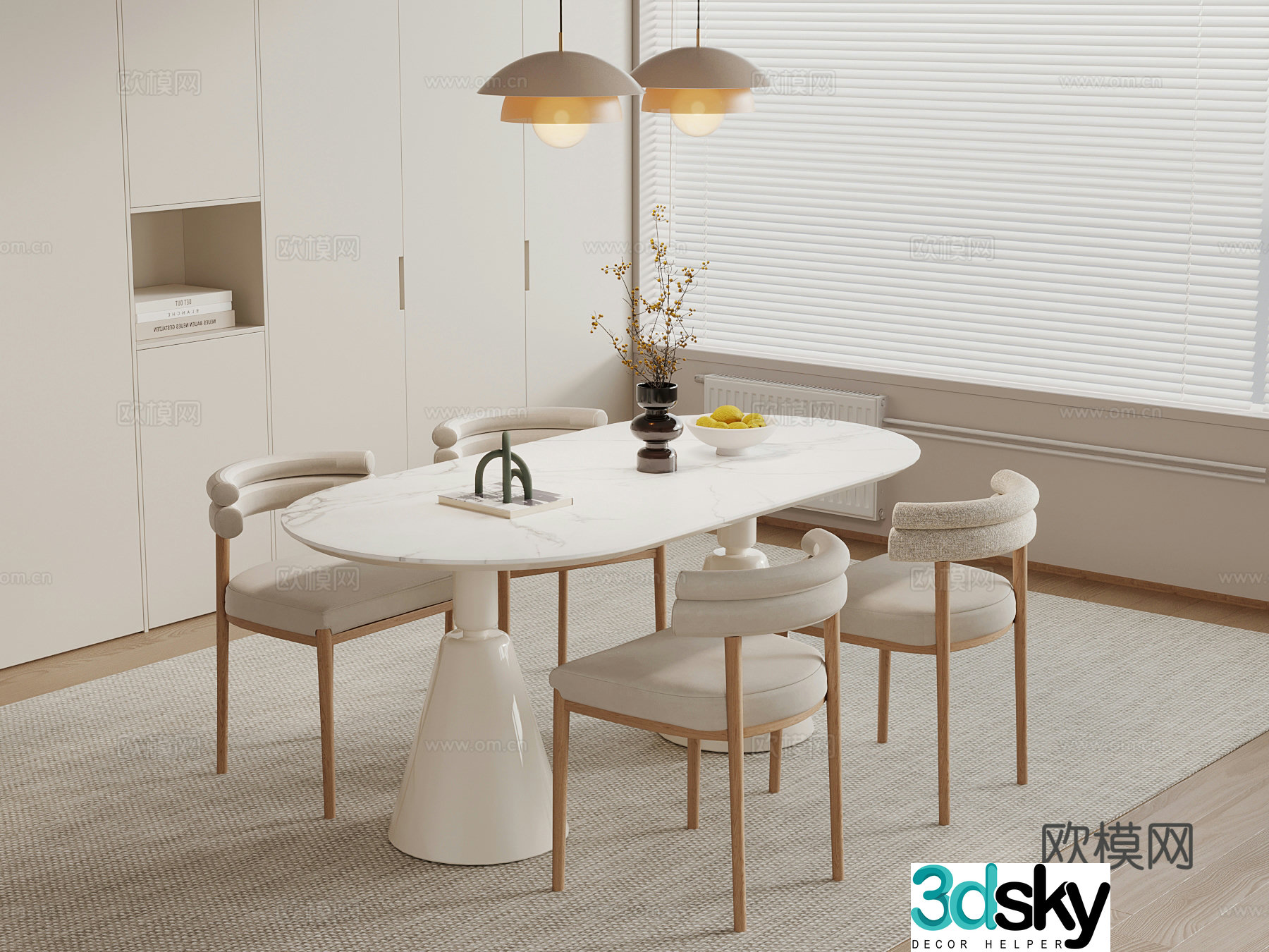 Creamy dining table and chair chandelier 3d model